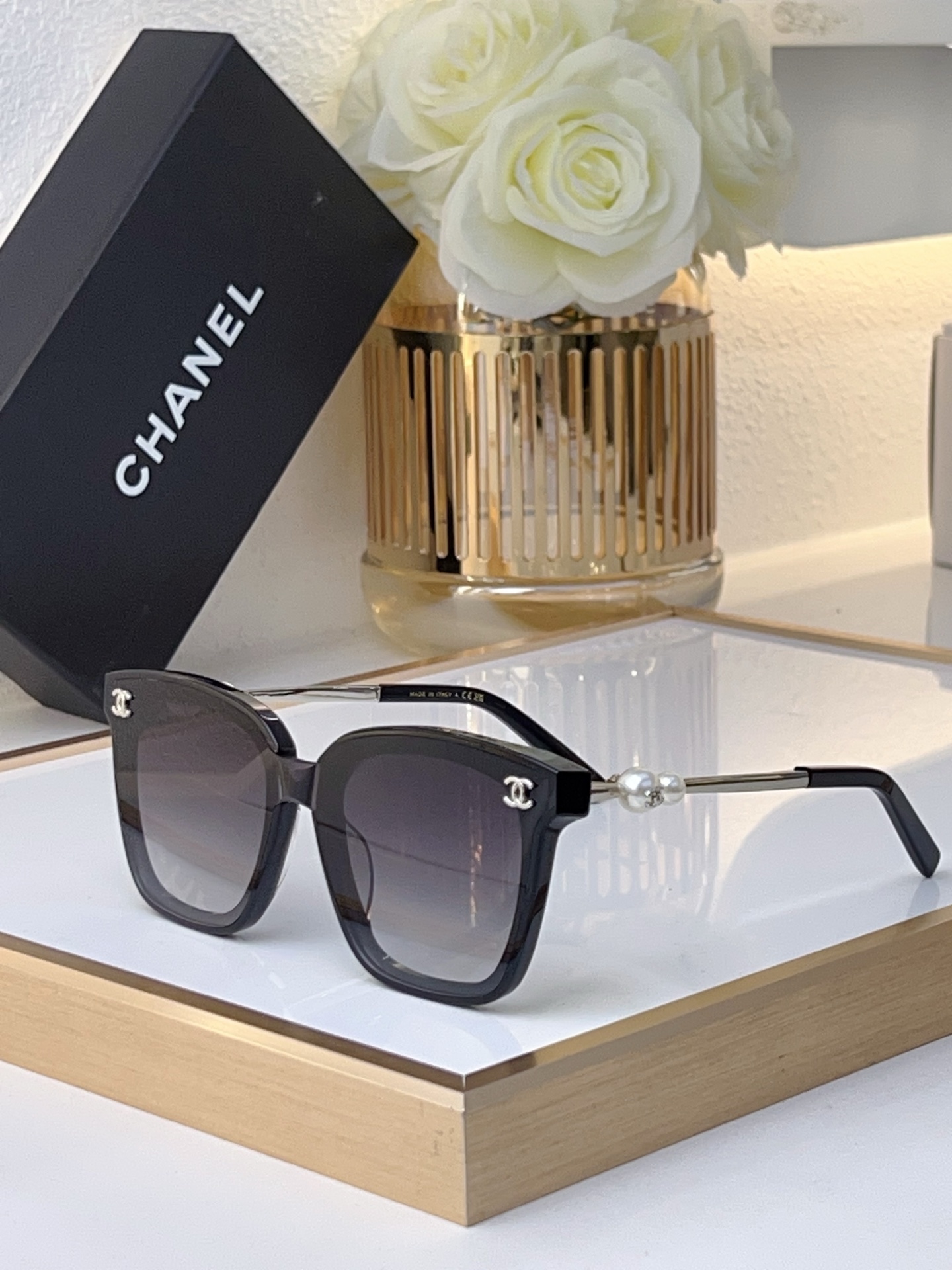 Chanel Two - Tone (Pink & Black) Acetate Square Sunglasses with Pearl & Pink CC Motif (Model: CH5577)