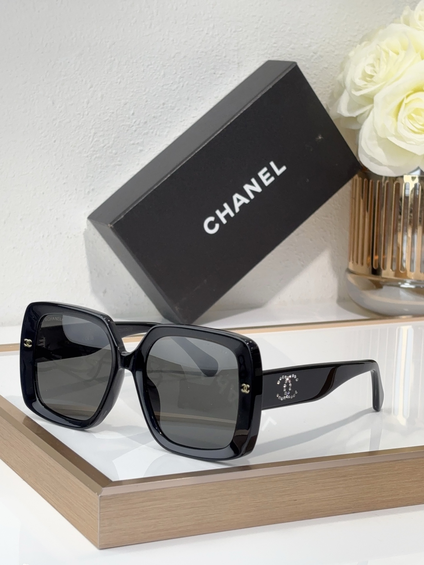 Chanel Black Acetate Square Sunglasses with Crystal - Encrusted CC Motif (Model: CH5571)
