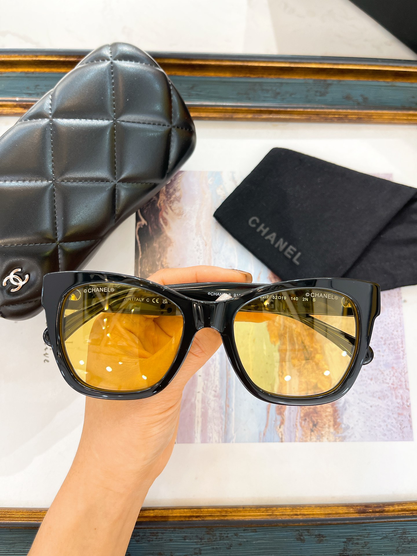 Chanel Black Acetate Square Sunglasses with Yellow Lenses (Model: CH5568)