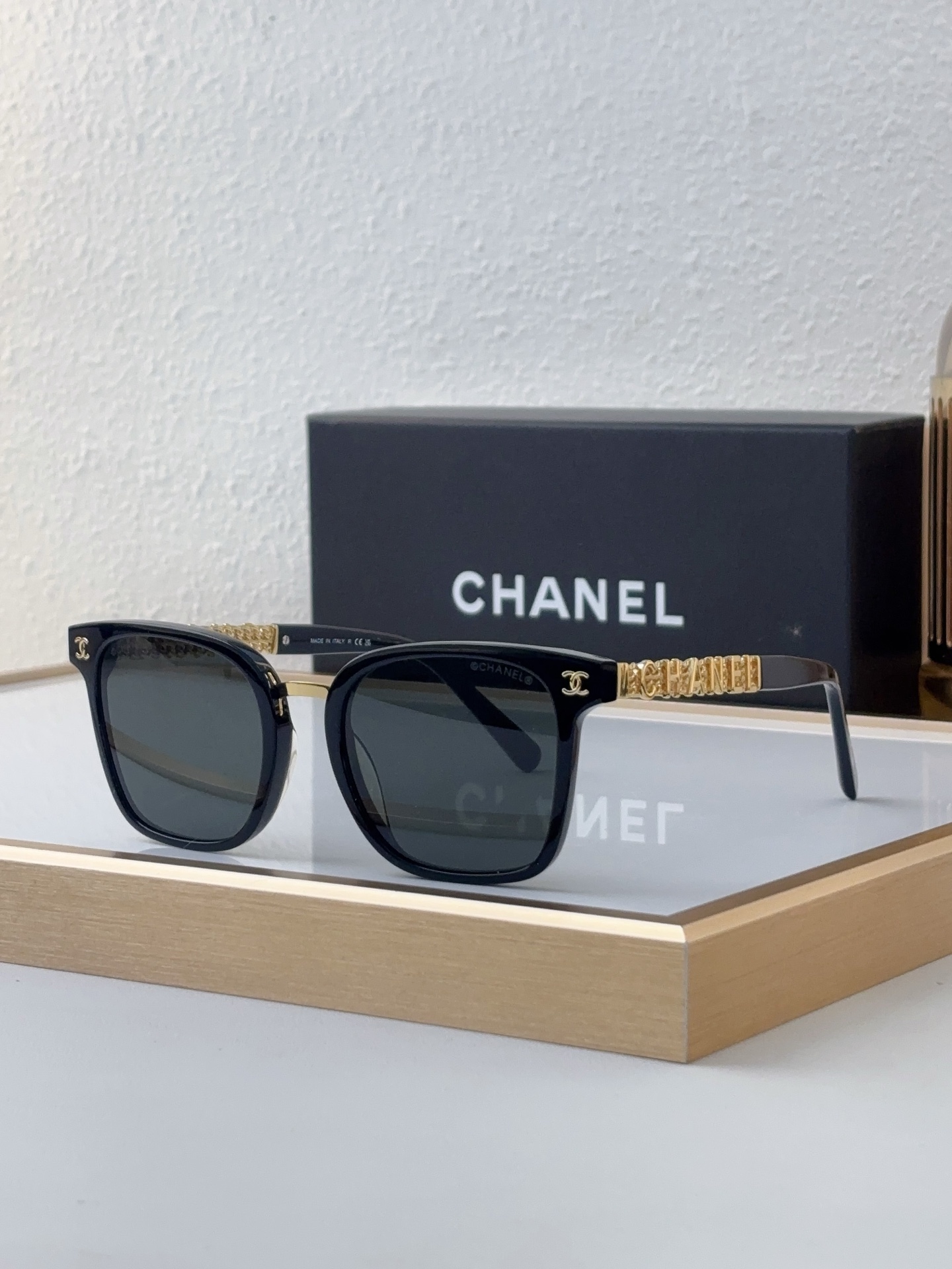 Chanel Black Square Acetate Sunglasses with Metal "CHANEL" & CC Motif (Model: CH5561)