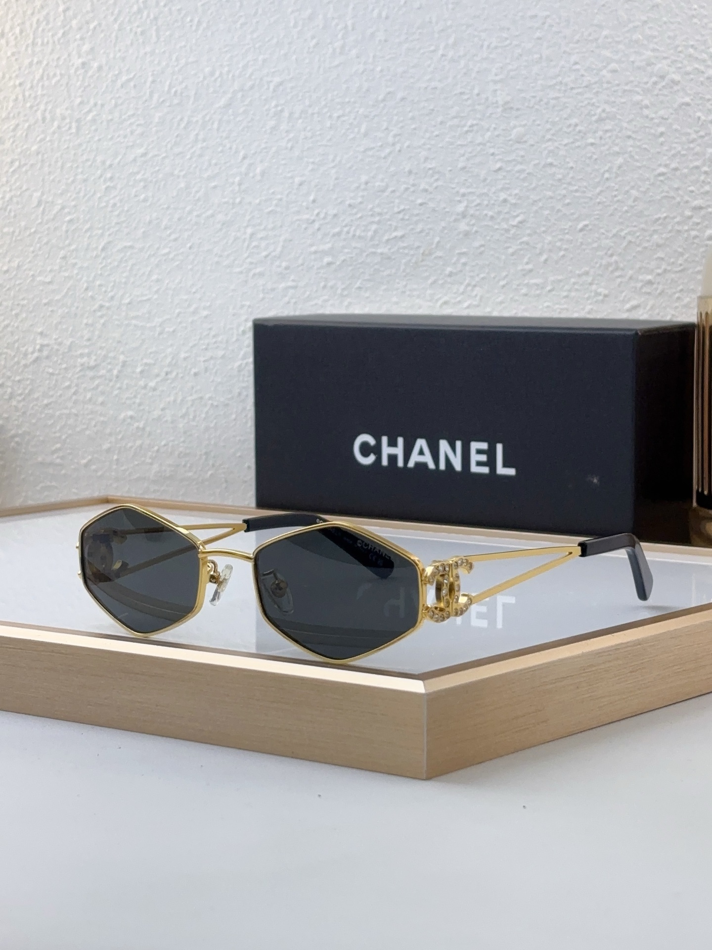 Chanel Gold - Tone Metal Hexagonal Sunglasses with Crystal - Embellished CC Motif & Tortoiseshell Temples (Model: CH5558)