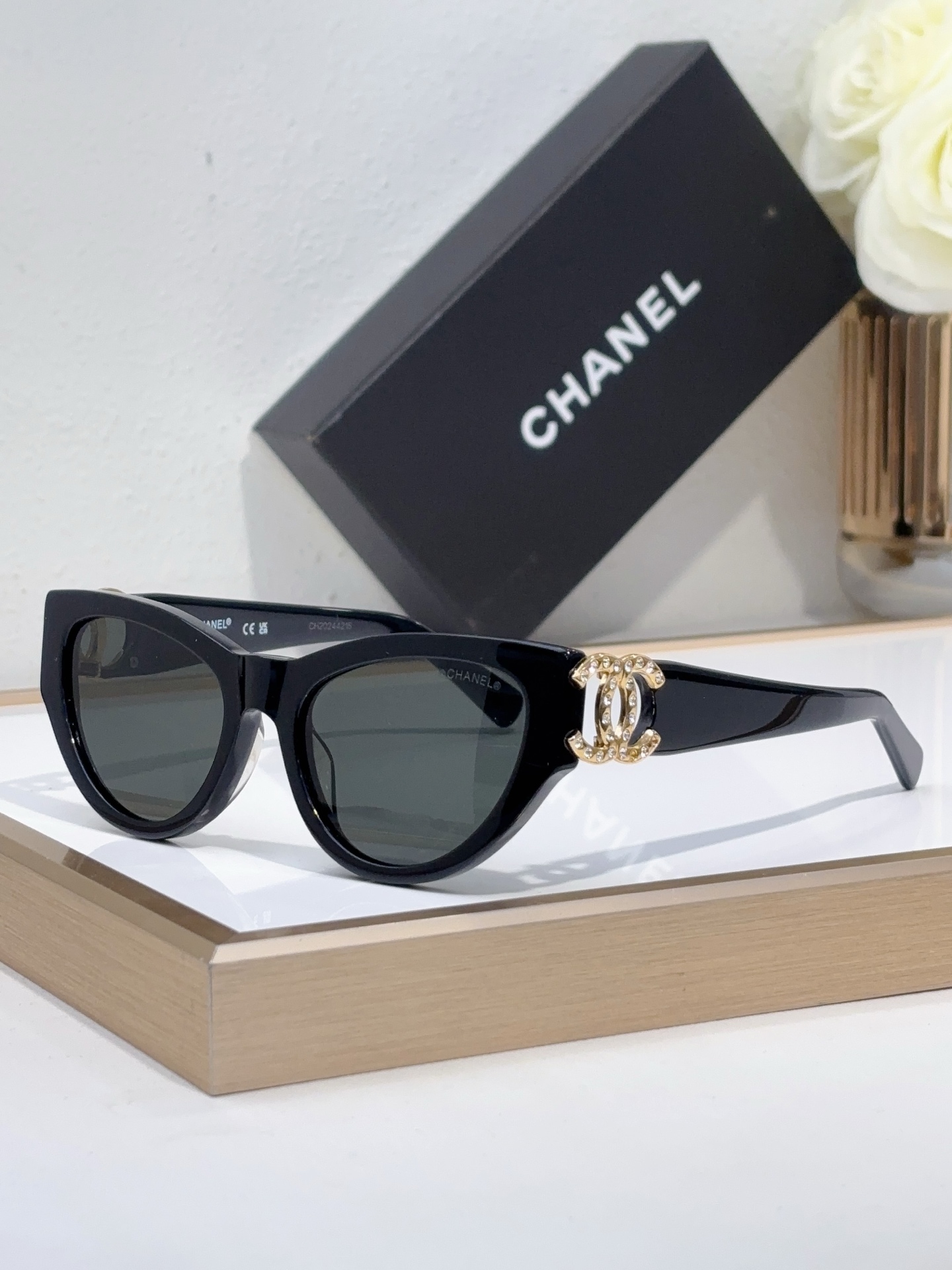 Chanel Black Acetate Cat - Eye Sunglasses with Crystal - Embellished Gold - Tone CC Motif (Model: CH5556)