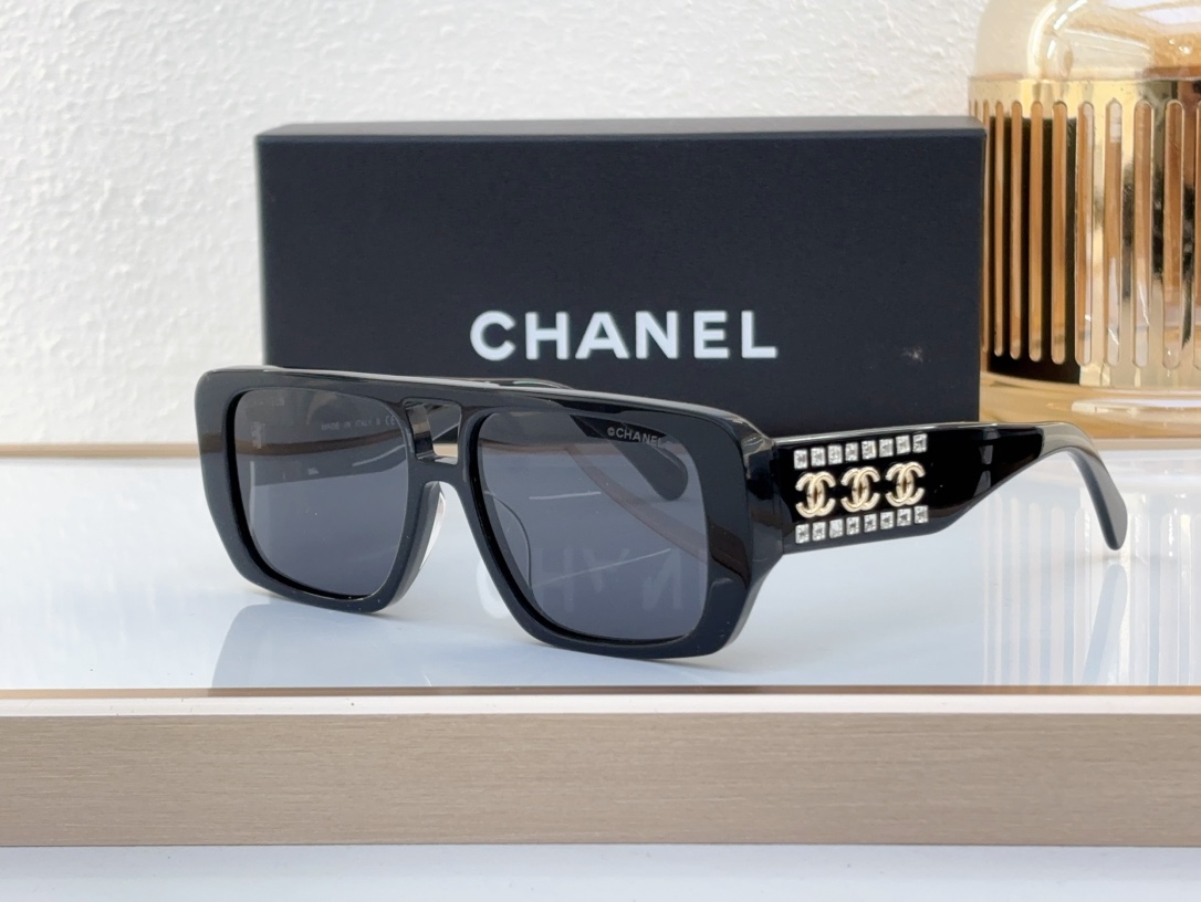 Chanel Black Acetate Square Sunglasses with Crystal - Embellished & Gold - Tone CC Motifs (Model: CH5553)