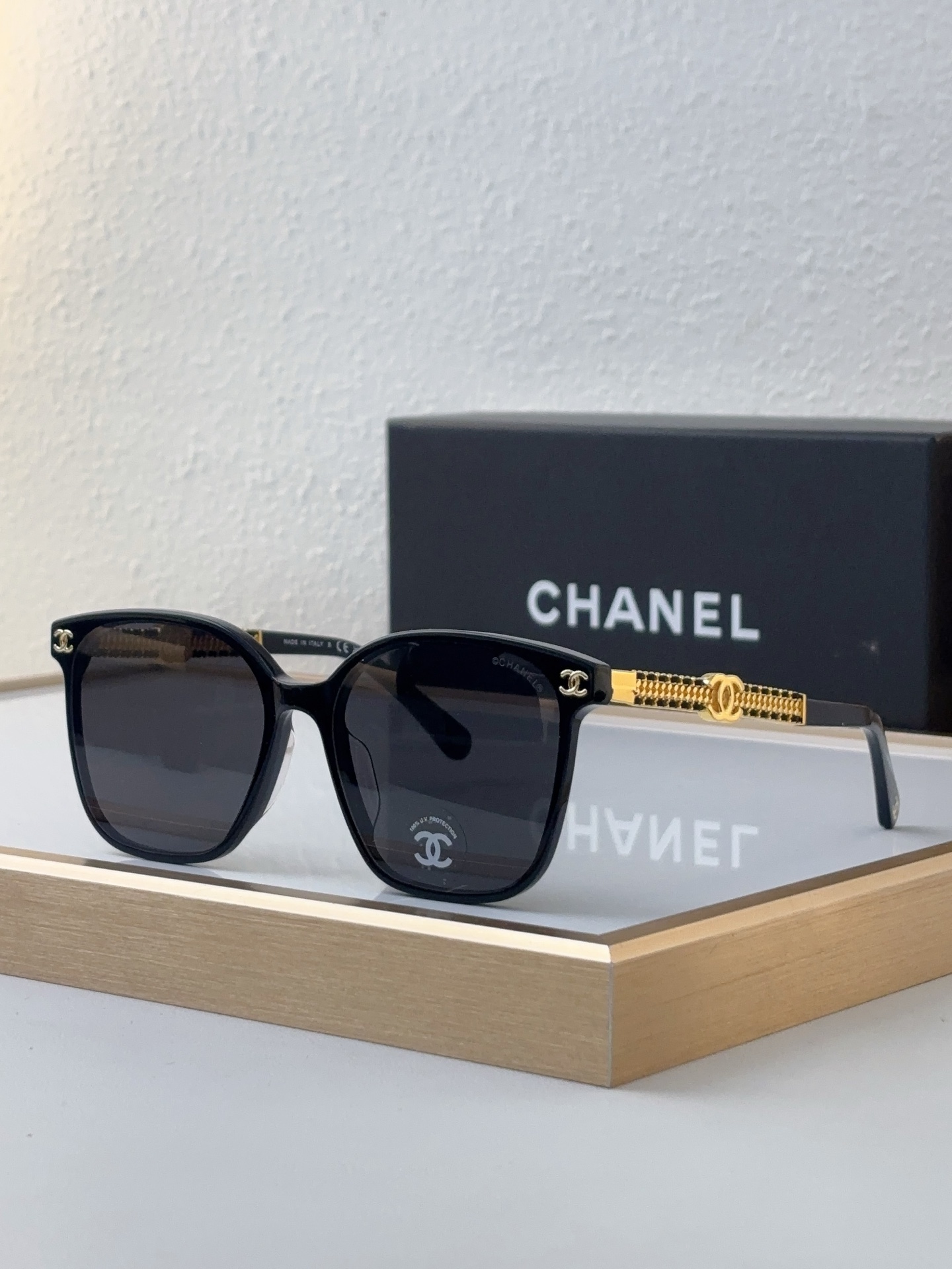Chanel Pink Acetate Square Sunglasses with Gold - Tone Chain, CC Motif & Dark Lenses (Model: CH5543)