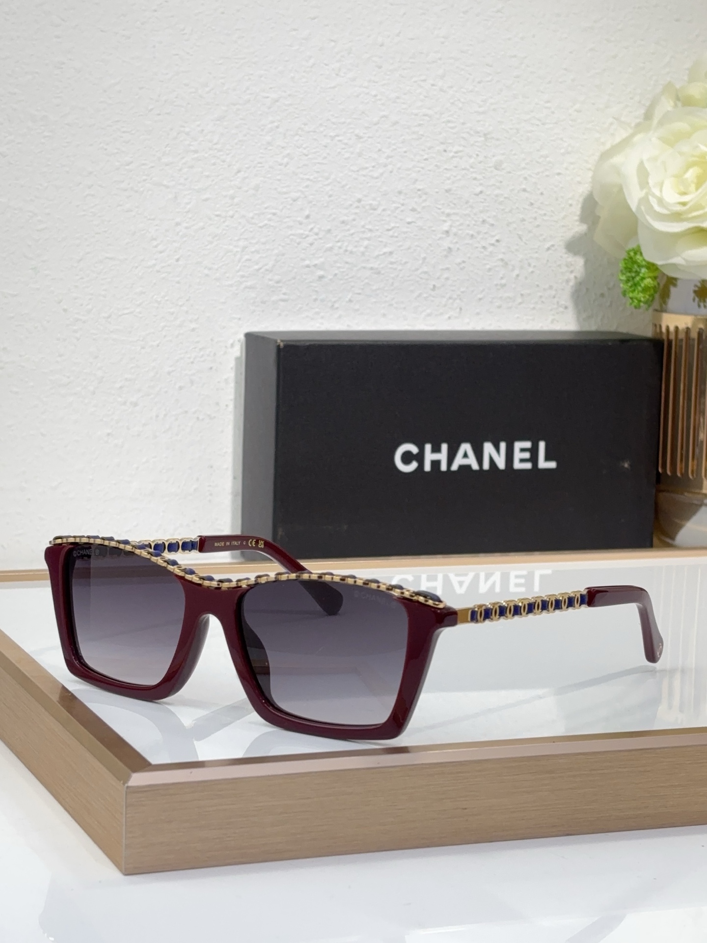 Chanel Burgundy Acetate Square Sunglasses with Gold - Chain, Blue Accents & Gradient Lenses (Model: CH5540)