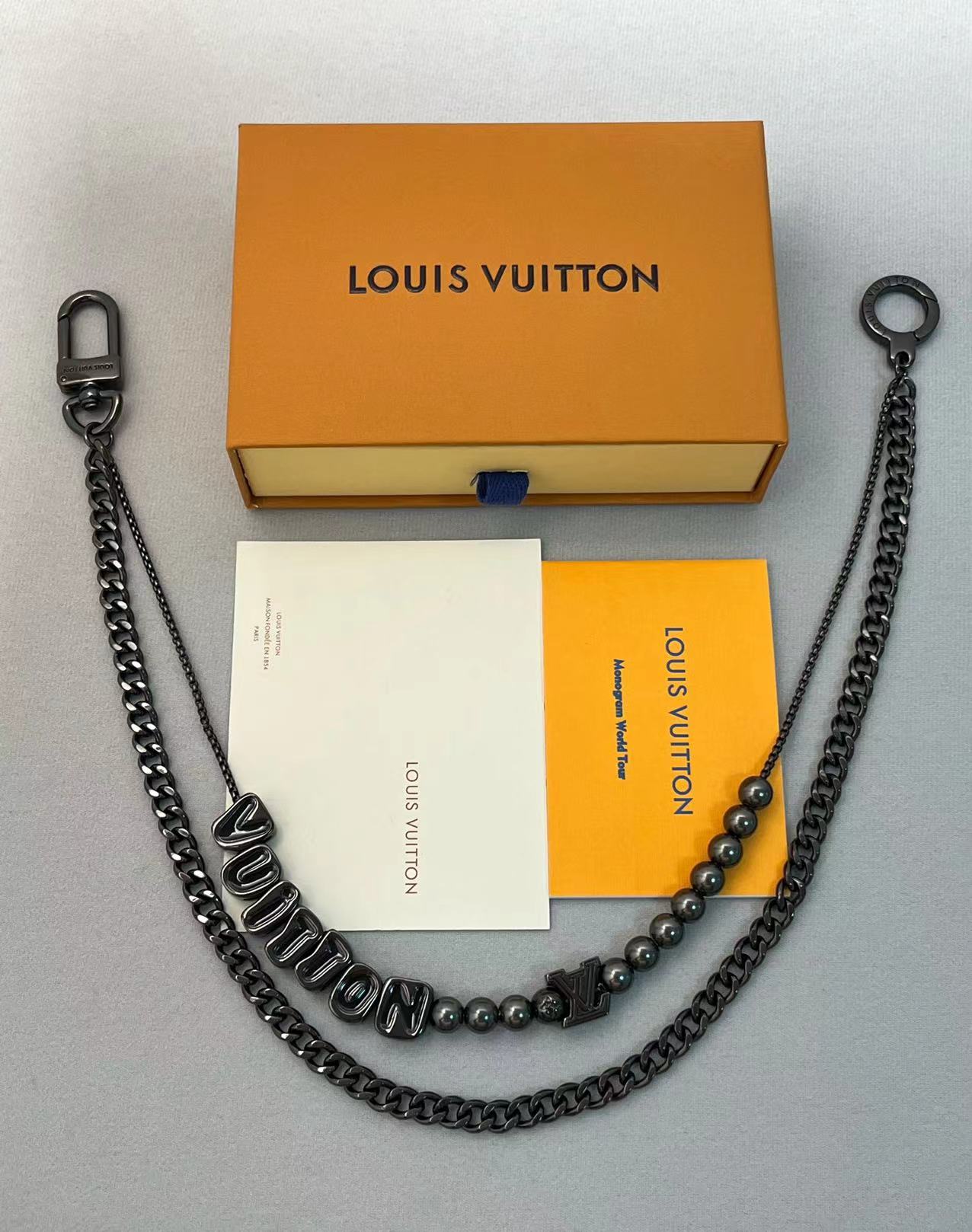 Louis Vuitton Black - Tone Metal Double - Strand Waist Chain with "VUITTON" Letters, LV Motif & Beads (Model: M81236)