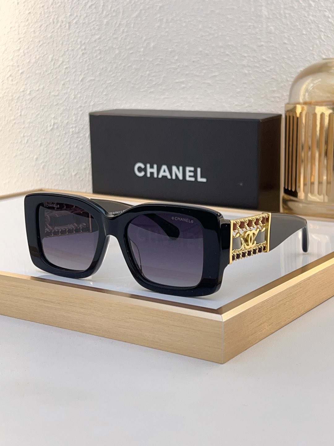 Chanel Transparent Purple Acetate Square Sunglasses with Gold Chain, Pink Accents & CC Motifs (Model: CH5533)