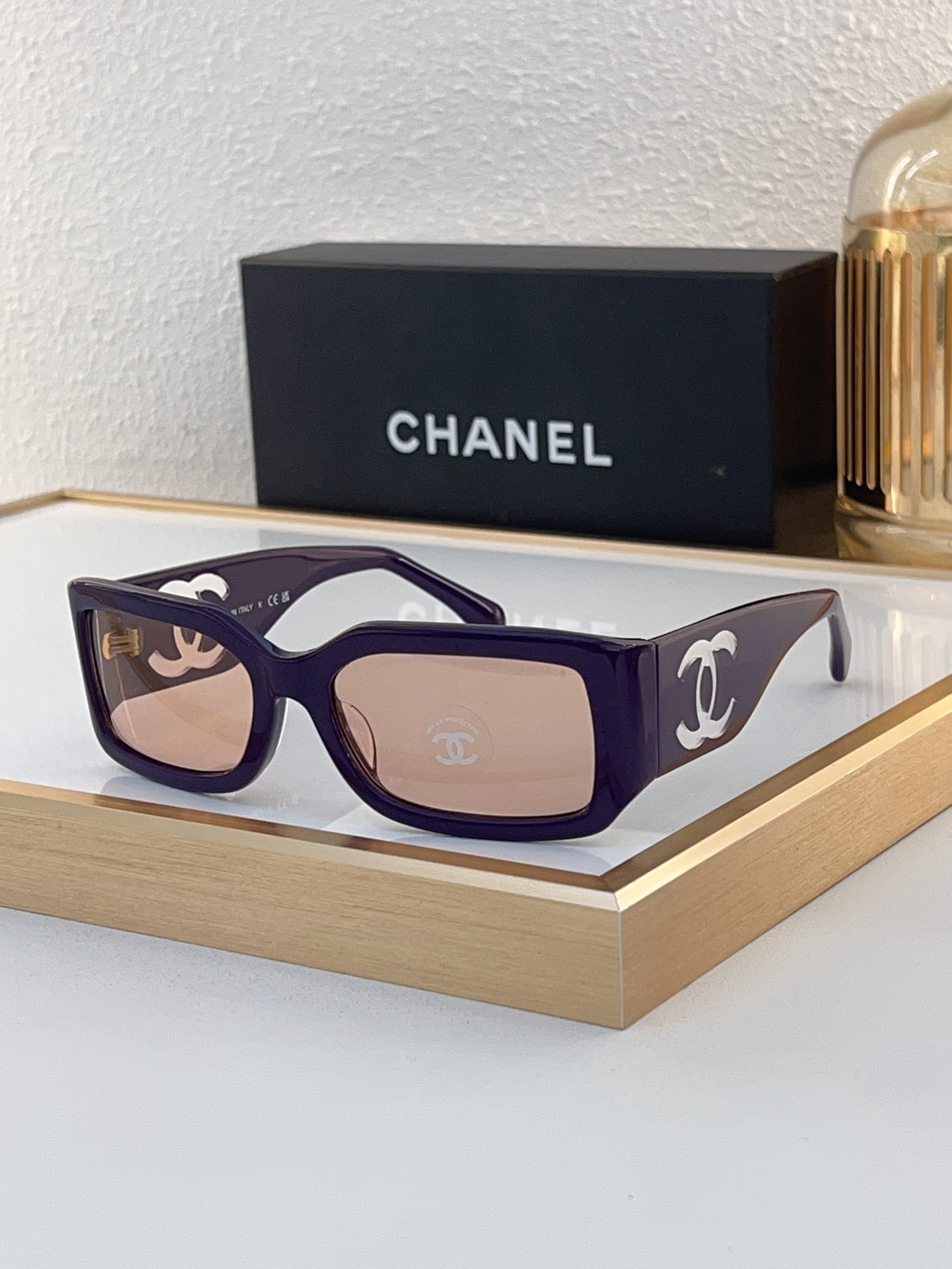 Chanel Purple Acetate Rectangular Sunglasses with White CC Logos & Gold Accents (Model: CH5526)