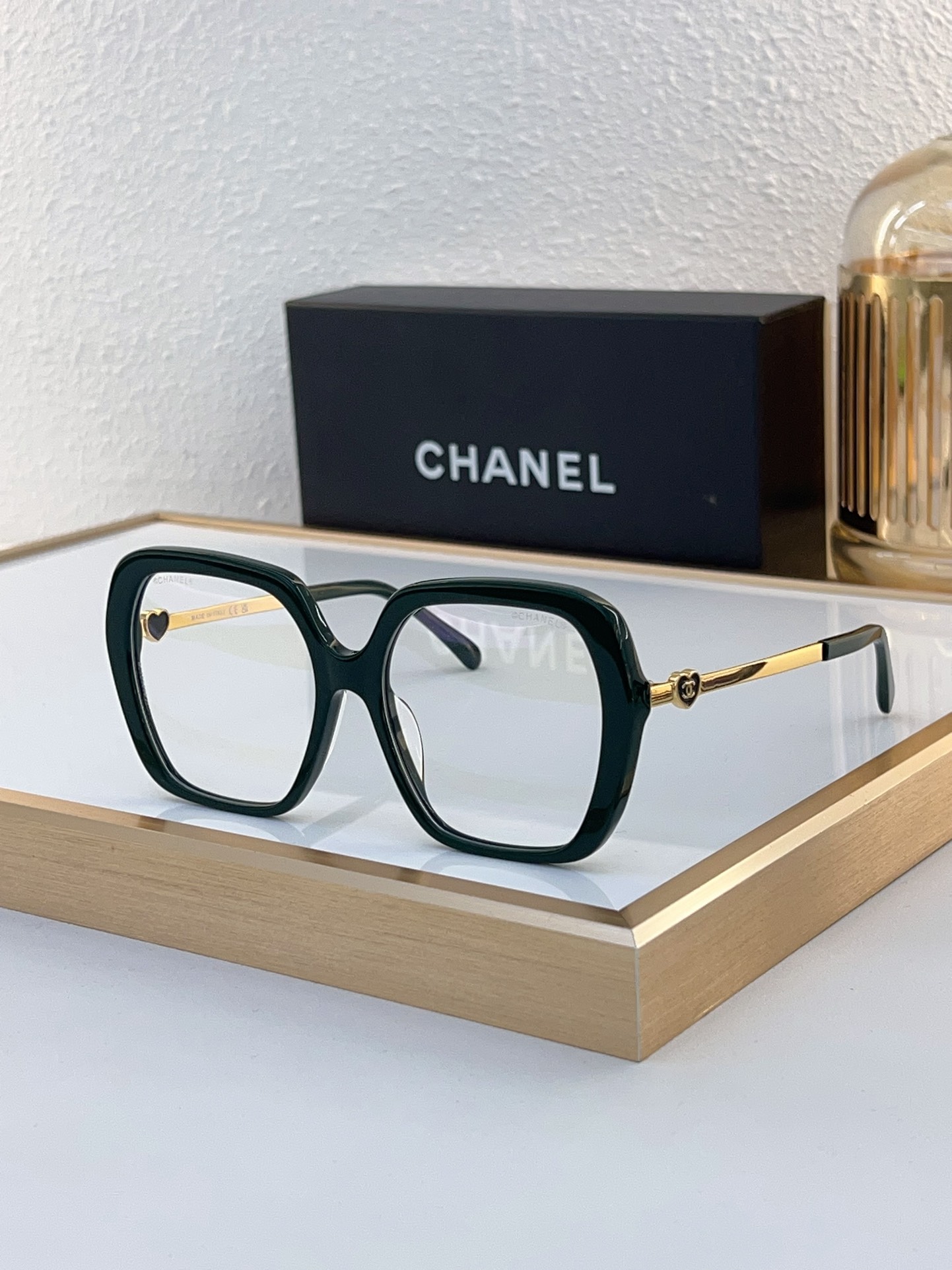 Chanel Dark Green Acetate Square Optical Frames with Gold - Tone Metal, Heart & CC Accents (Model: CH3525)