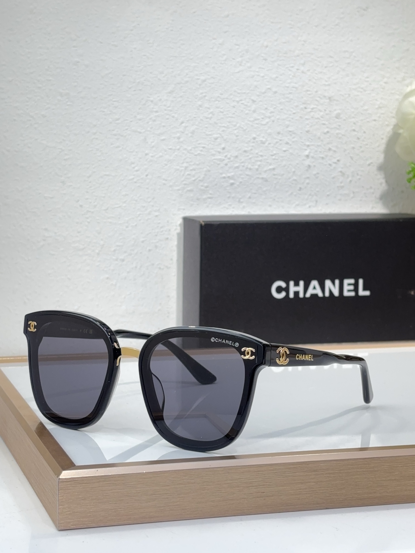 Chanel Black Acetate Square Sunglasses with Gold CC & Logo Accents (Model: CH5523)