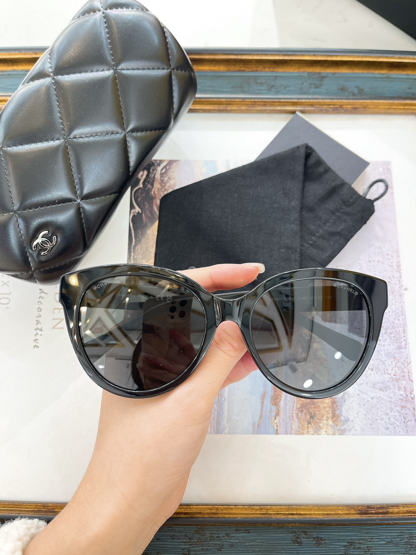 Chanel Black Acetate Cat - Eye Sunglasses with Quilted Leather Case (Model: CH5519)