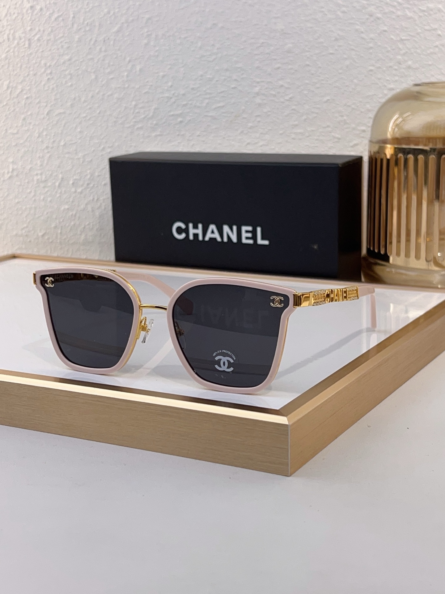 Chanel Black & Gold - Tone Metal Rectangular Sunglasses with CC Logo & Chain Accents (Model: CH5515)