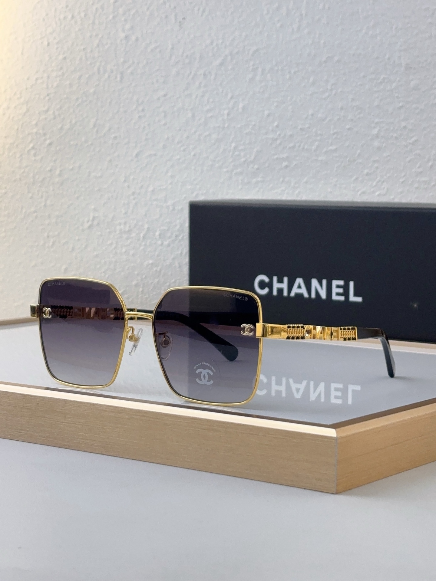 Chanel Gold - Tone Metal Square Sunglasses with Chain & CC Accents (Model: CH5513)
