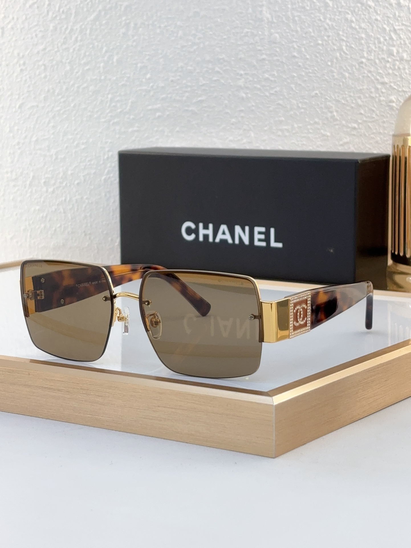 Chanel Gold - Tone Metal Square Sunglasses with Tortoiseshell Temples & Crystal - Embellished CC Accents (Model: CH5510)