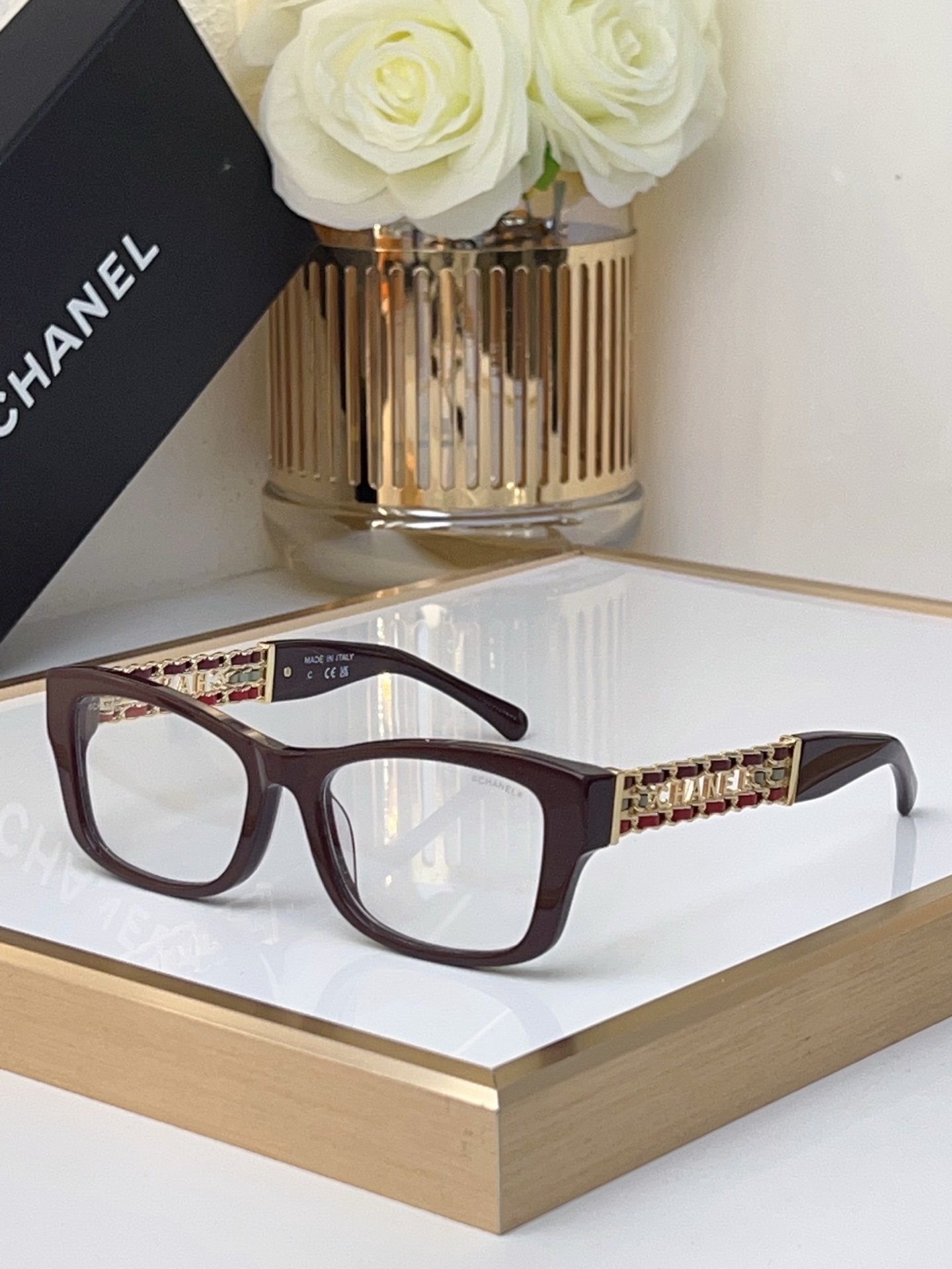 Chanel Dark Brown Acetate Square Optical Frames with Gold - Chain & Red Accents (Model: CH3500)