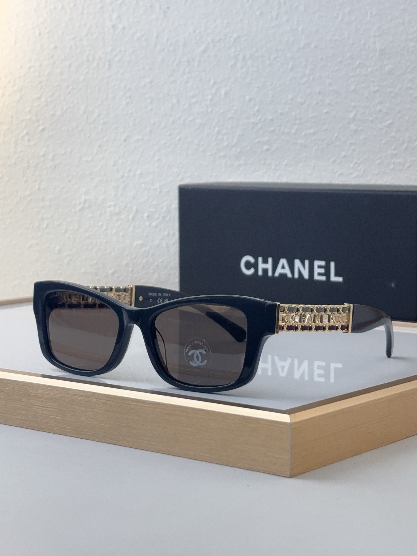 Chanel Navy Blue Acetate Rectangular Sunglasses with Metal Chain & CHANEL Accents (Model: CH5508)