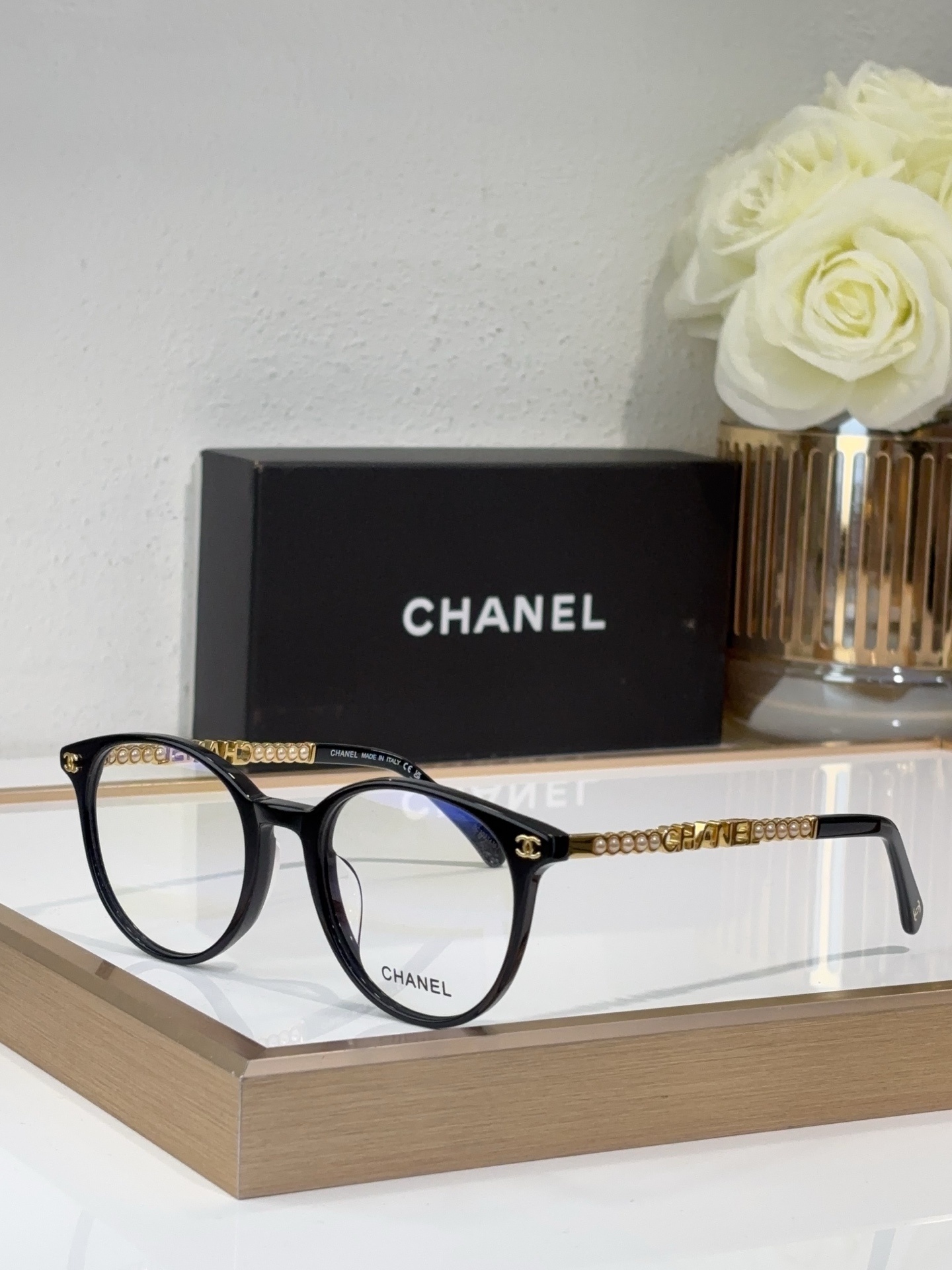 Chanel Black Acetate Round Optical Frames with Gold Chain, Pearl & CC Accents (Model: CH3499)