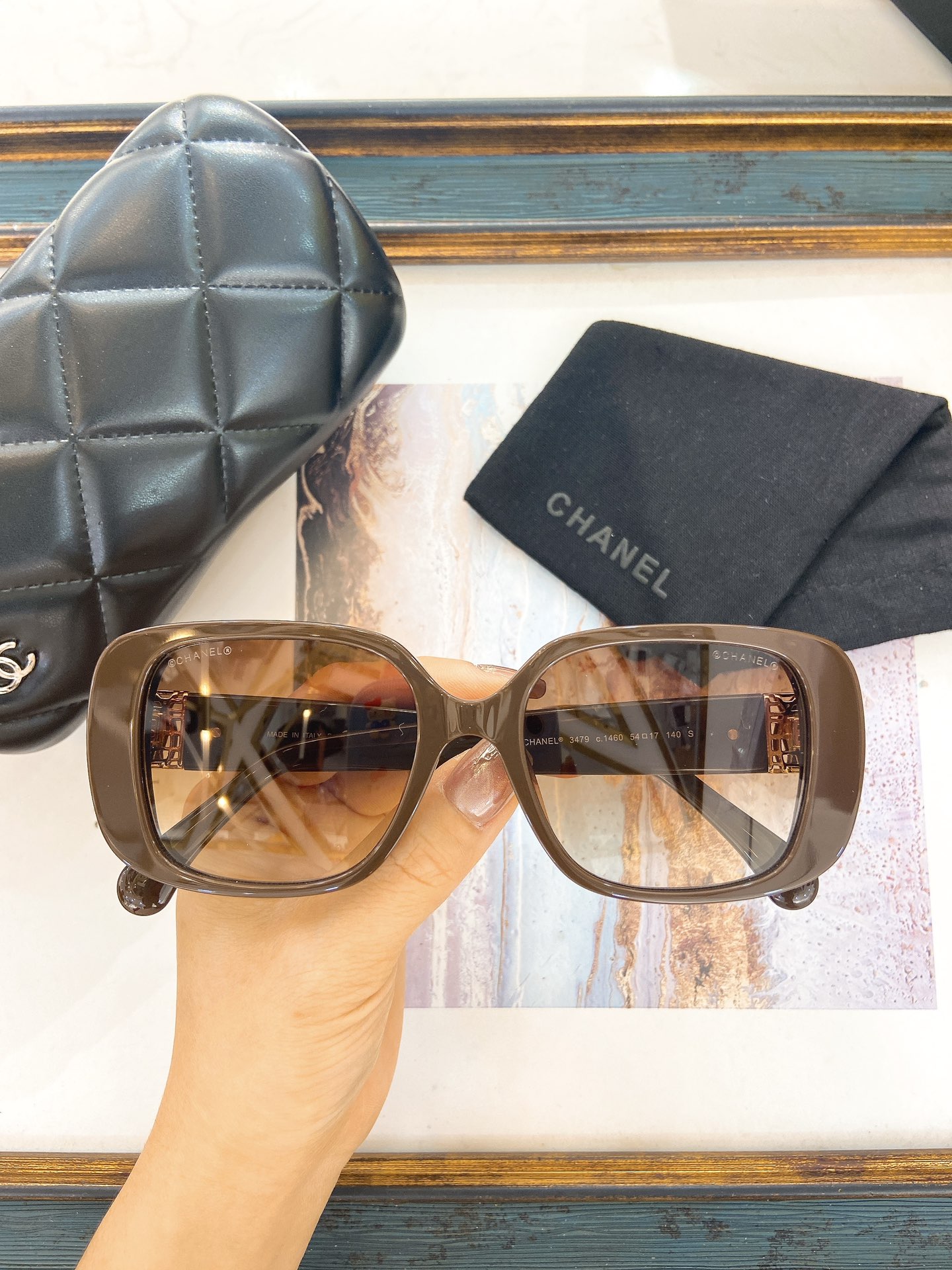 Chanel Blue Acetate Square Sunglasses with Gold Chain & CC Accents (Model: CH5507)