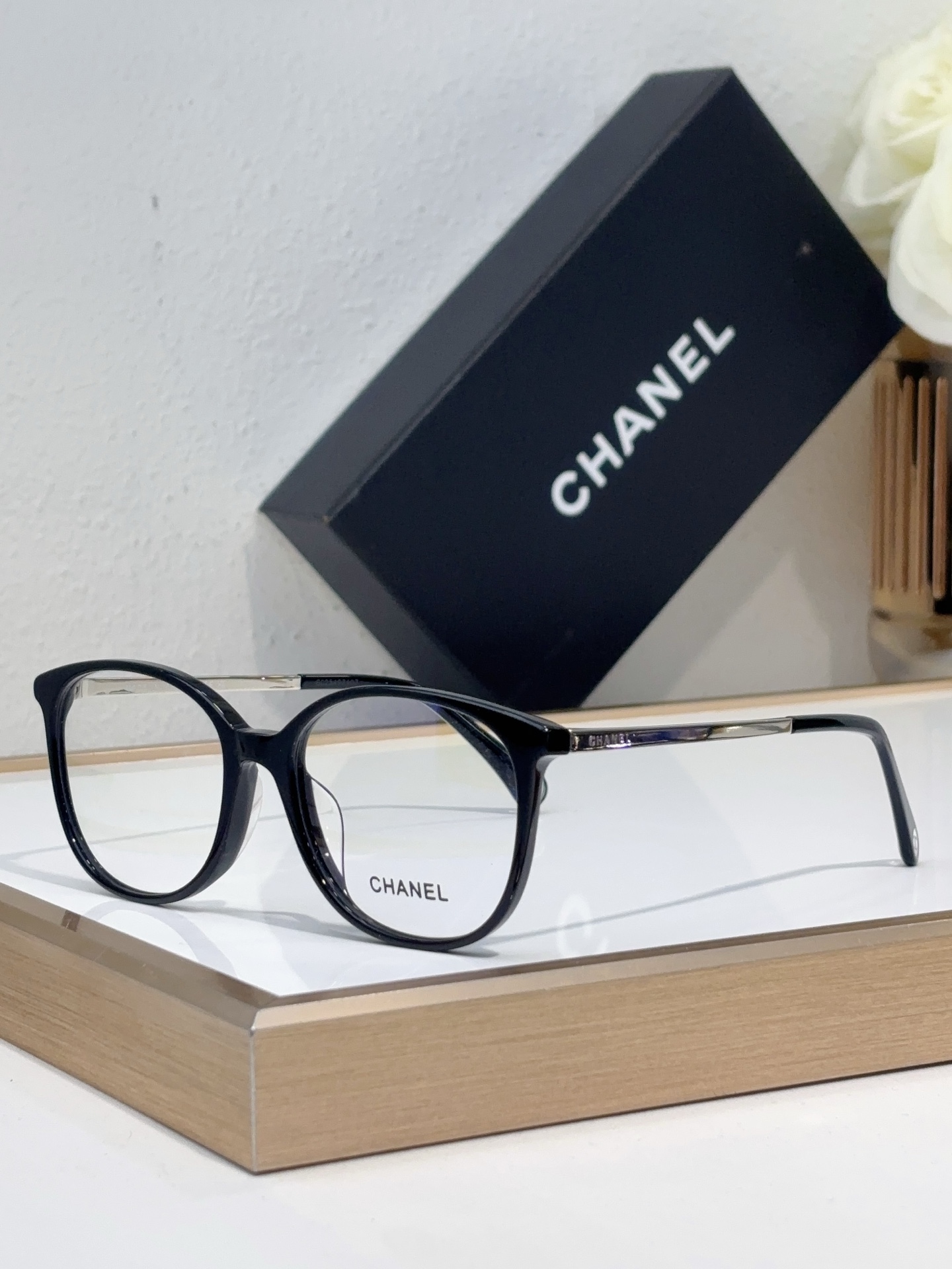 Chanel Black Acetate Round Optical Frames with Silver - Tone Temples (Model: CH3498)