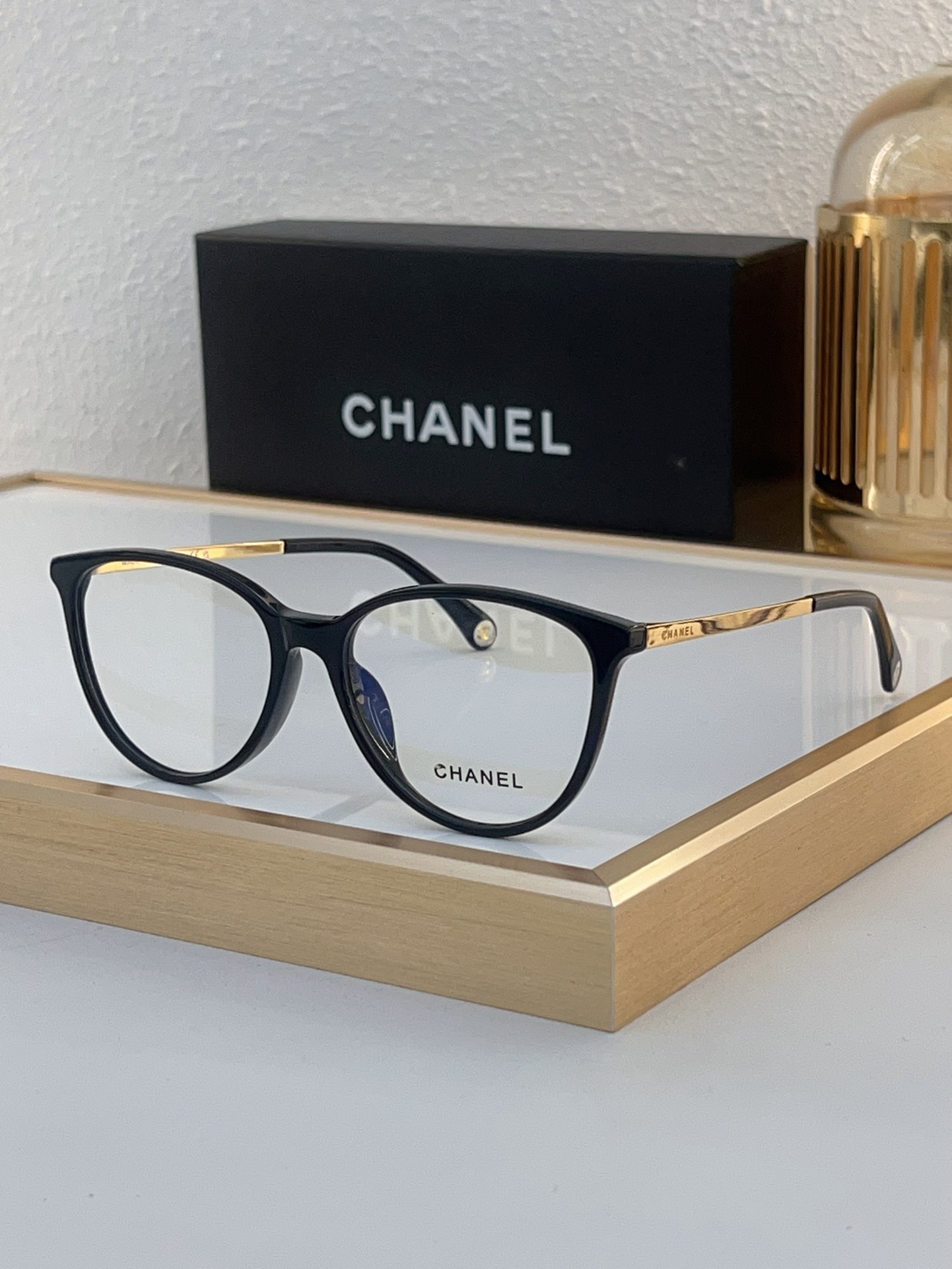 Chanel Black Acetate Round Optical Frames with Gold - Tone Temples (Model: CH3497)