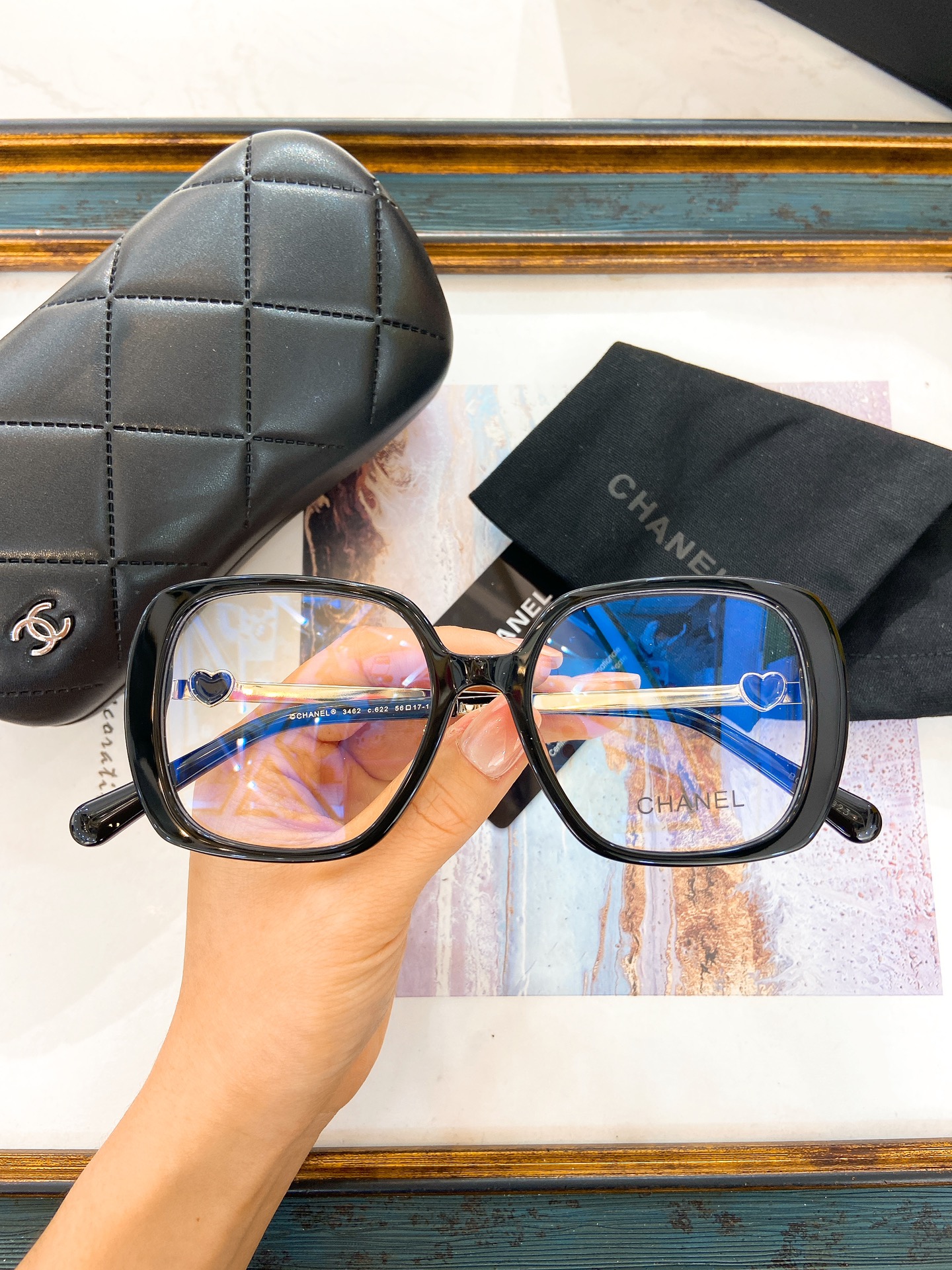 Chanel Black Acetate Square Optical Frames with Gold Heart Accents (Model: CH5505)