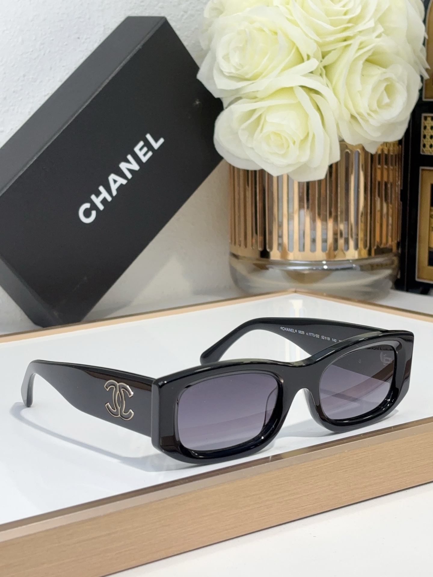Chanel Black Acetate Rectangular Sunglasses with Metal CC Accents (Model: CH5504)