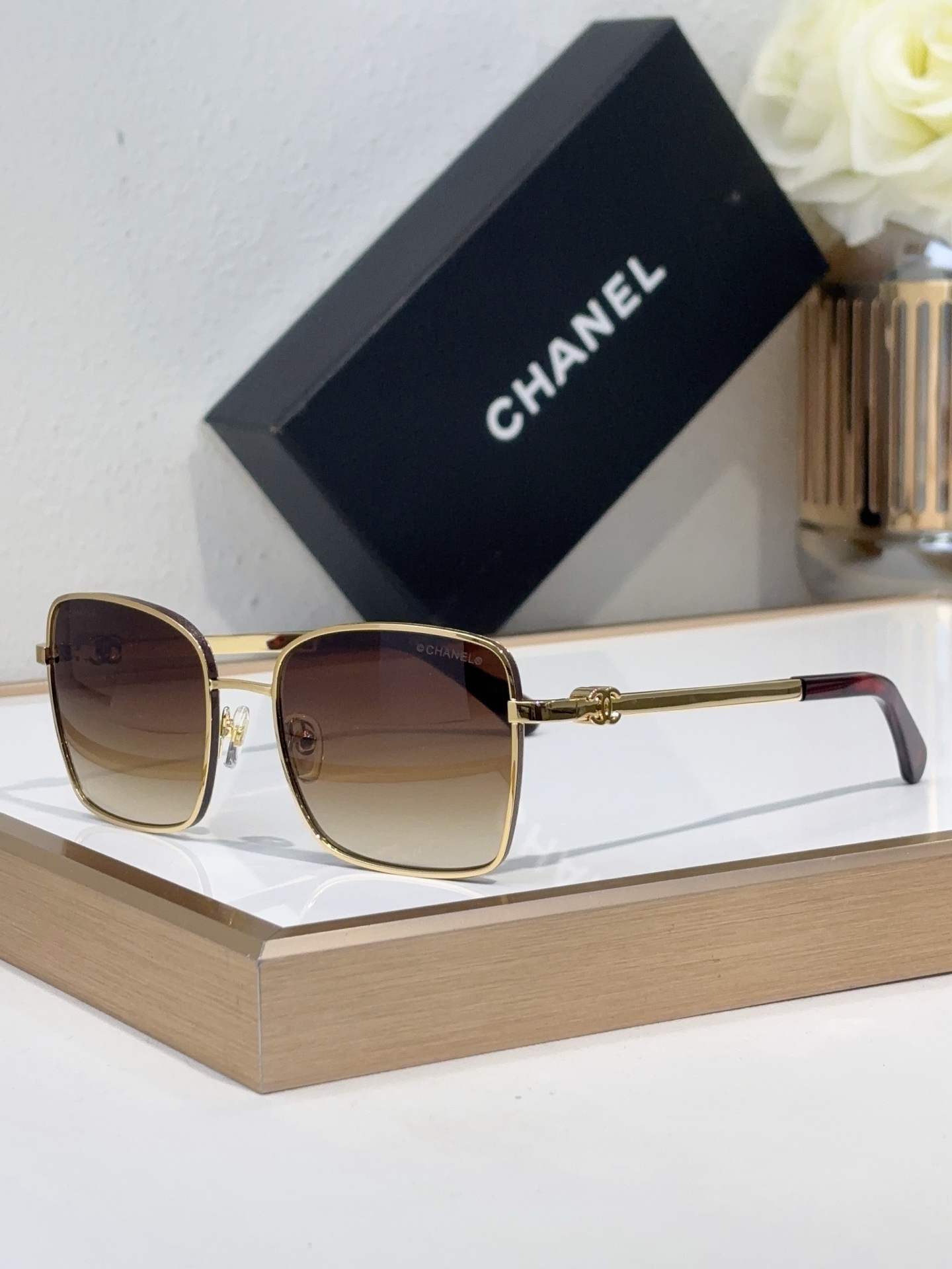 Chanel Gold - Tone Metal Square Sunglasses with Gradient Brown Lenses (Model: CH5499)