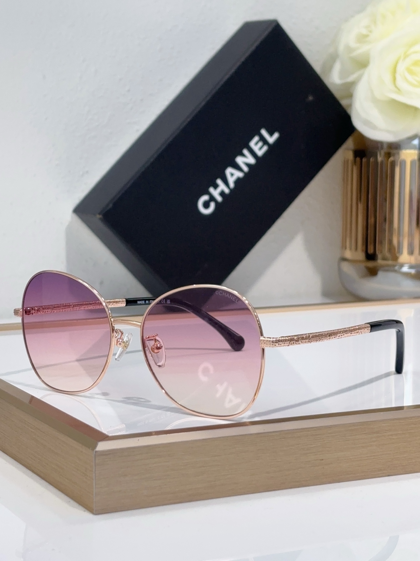 Chanel Rose Gold - Tone Metal Round Sunglasses with Gradient Pink Lenses (Model: CH5497)