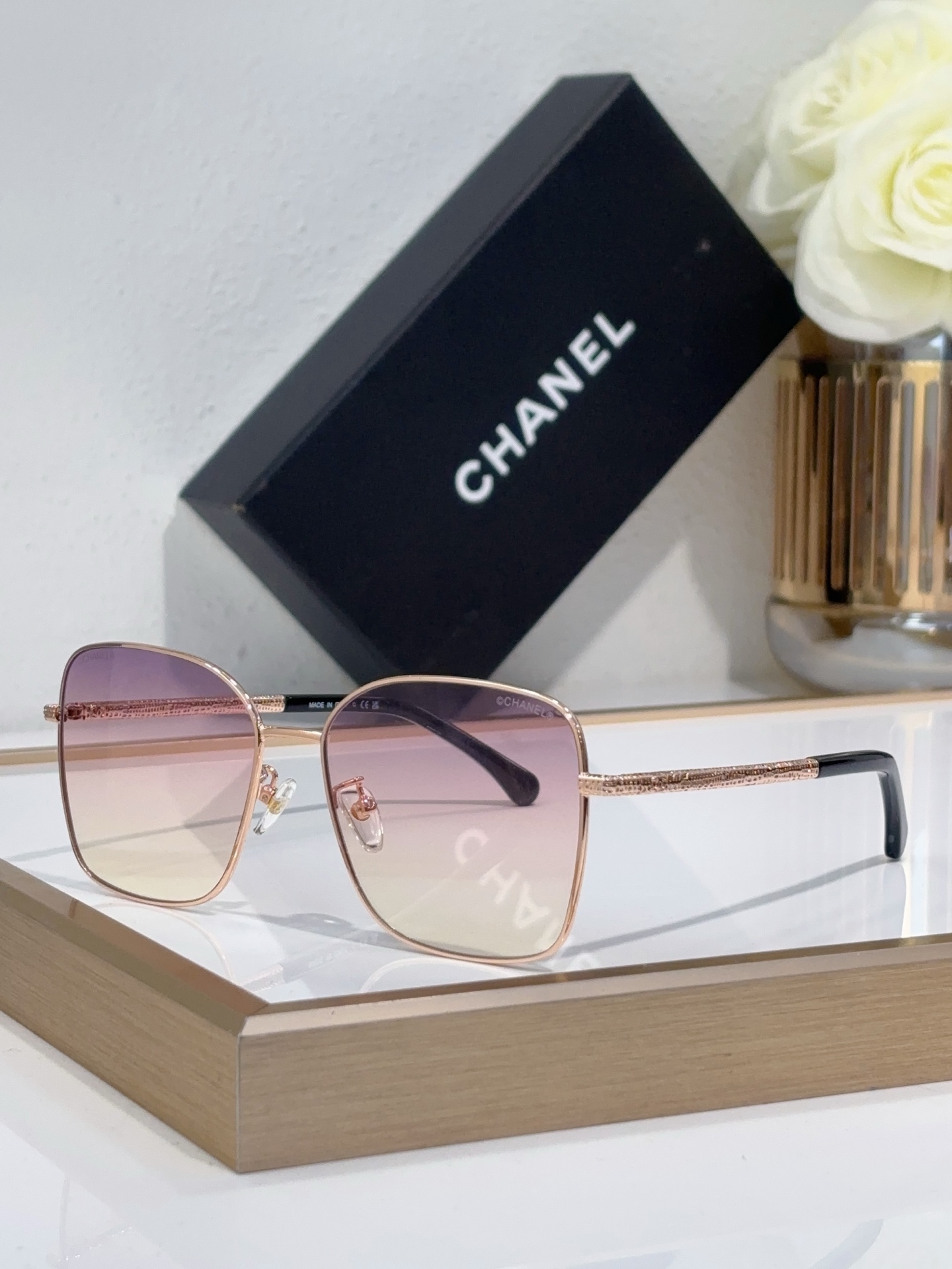 Chanel Silver - Tone Metal Square Sunglasses with Crystal - Accented Temples (Model: CH5496)
