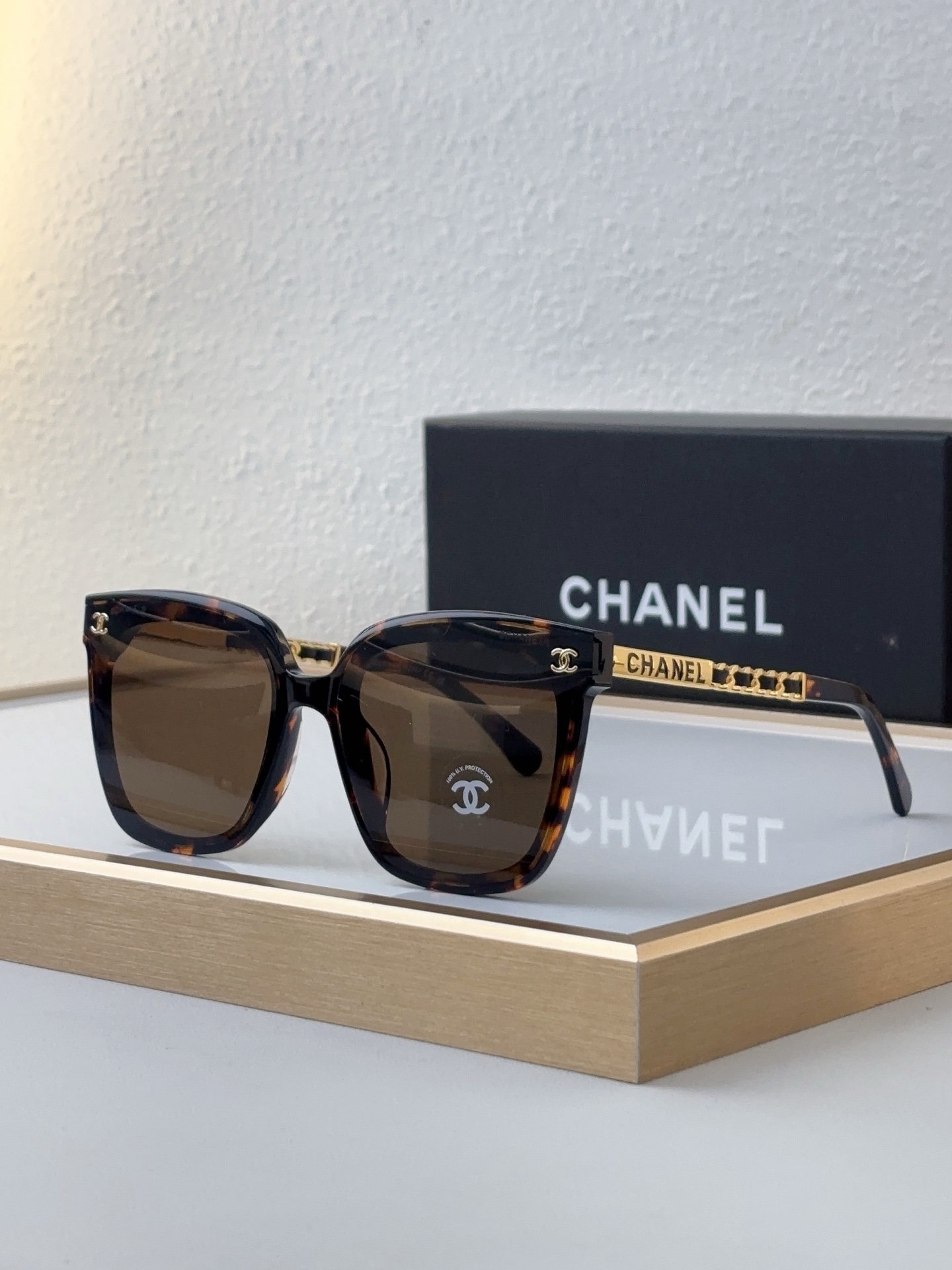 Chanel Tortoiseshell Acetate Square Sunglasses with Gold - Chain Accents (Model: CH5492)