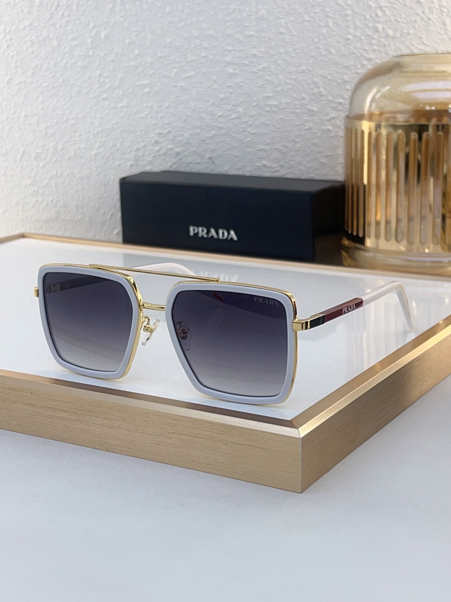 Prada Gold - Tone Metal & White Acetate Double - Bridge Square Sunglasses (Model: PR14370S)