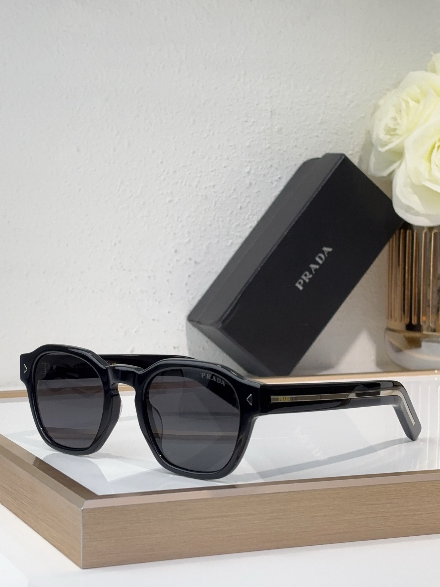 Prada Black Acetate Round - Square Sunglasses with Gold Accents (Model: PR14314S)