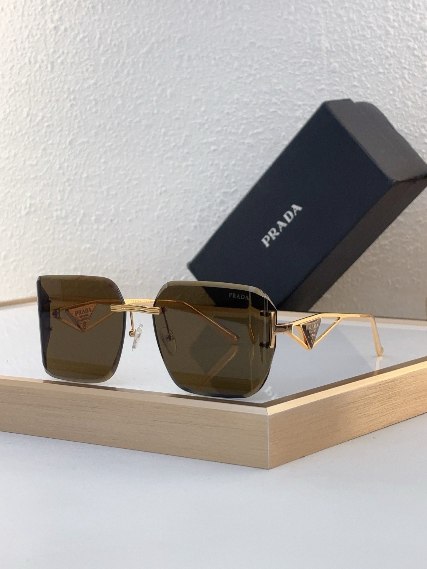 Prada Gold - Tone Metal Square Semi - Rimless Sunglasses (Model: PR14081S)