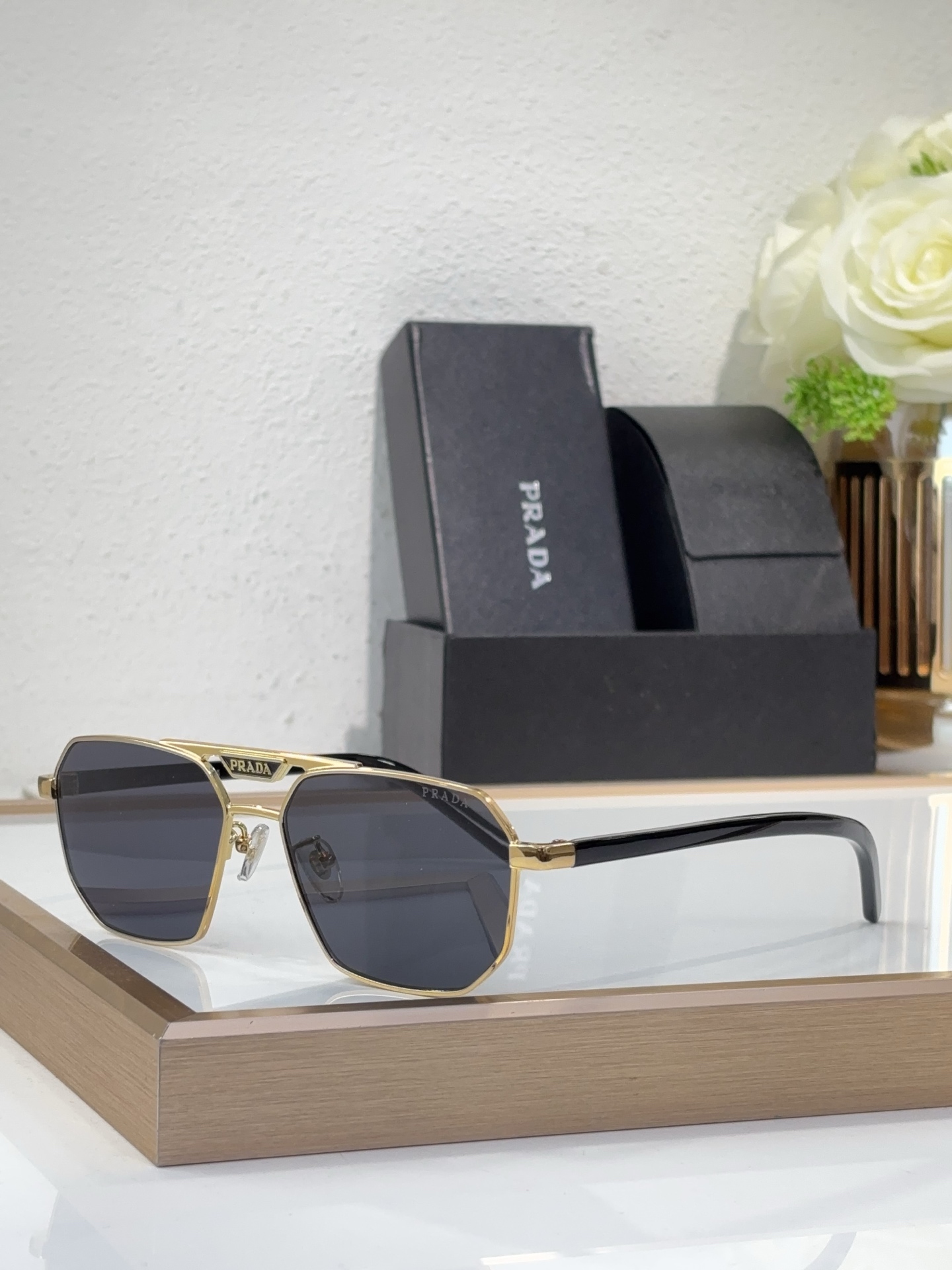 Prada Gold - Tone Metal Square Aviator Sunglasses with Black Accents (Model: PR14036S)