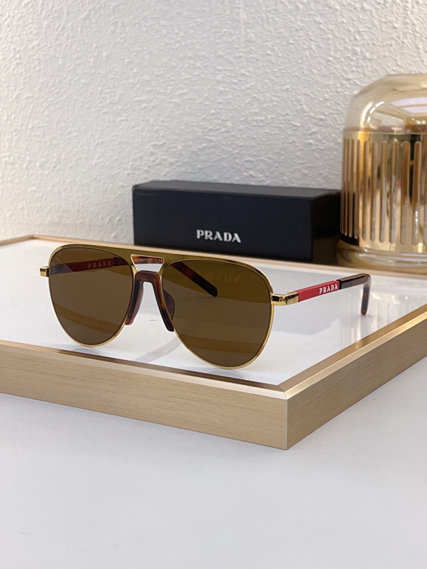 Prada Gold - Tone Metal Aviator Sunglasses with Tortoiseshell & Red Accents (Model: PR13925S)