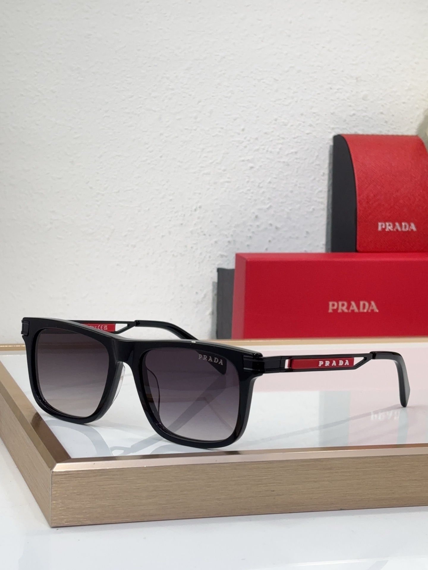 Prada Black Square Acetate Sunglasses with Red Accents (Model: PR13125S)