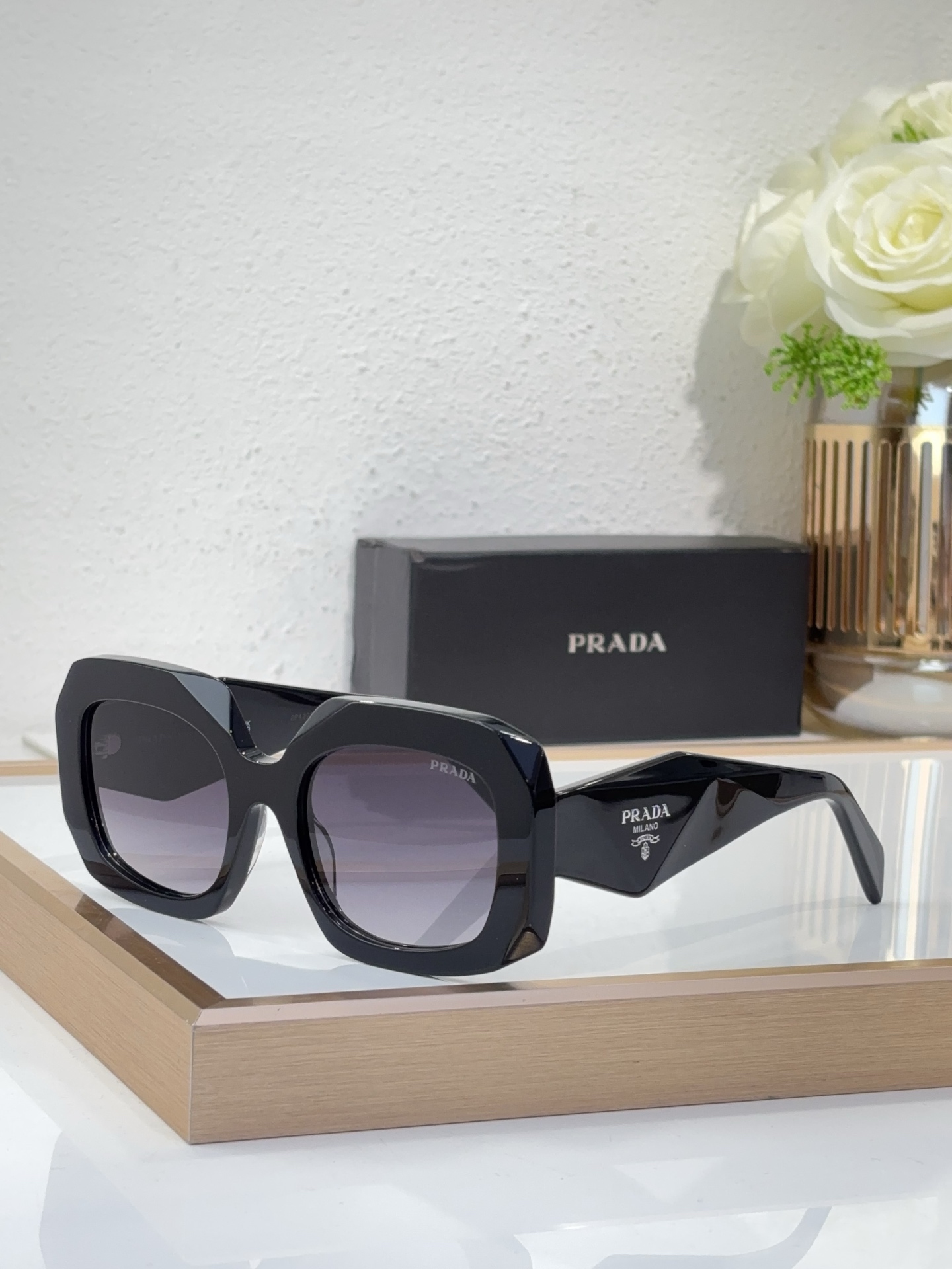 Prada Black Geometric - Square Acetate Sunglasses (Model: PR12458S)