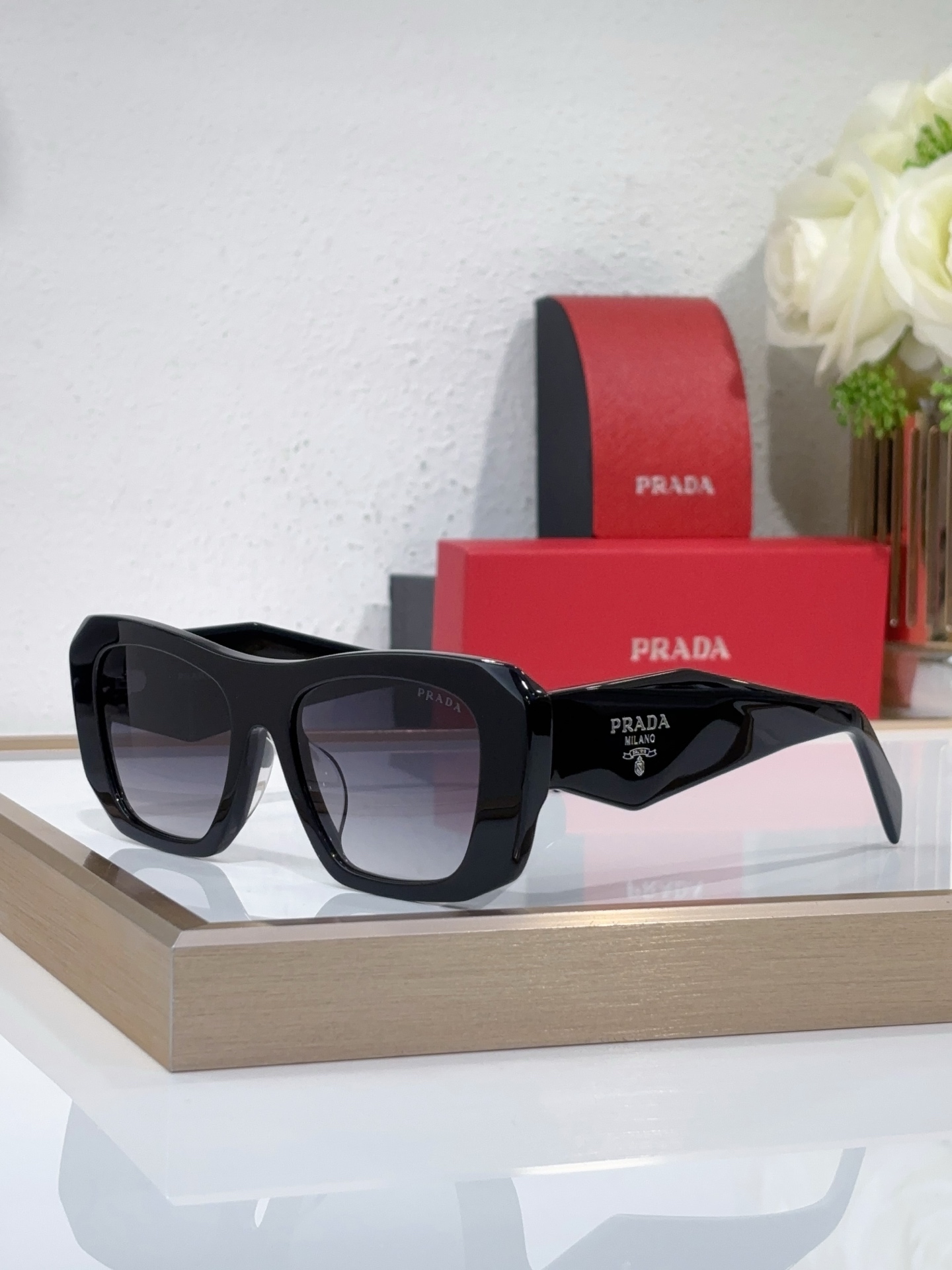Prada Black Acetate Geometric - Square Sunglasses (Model: PR12347S)
