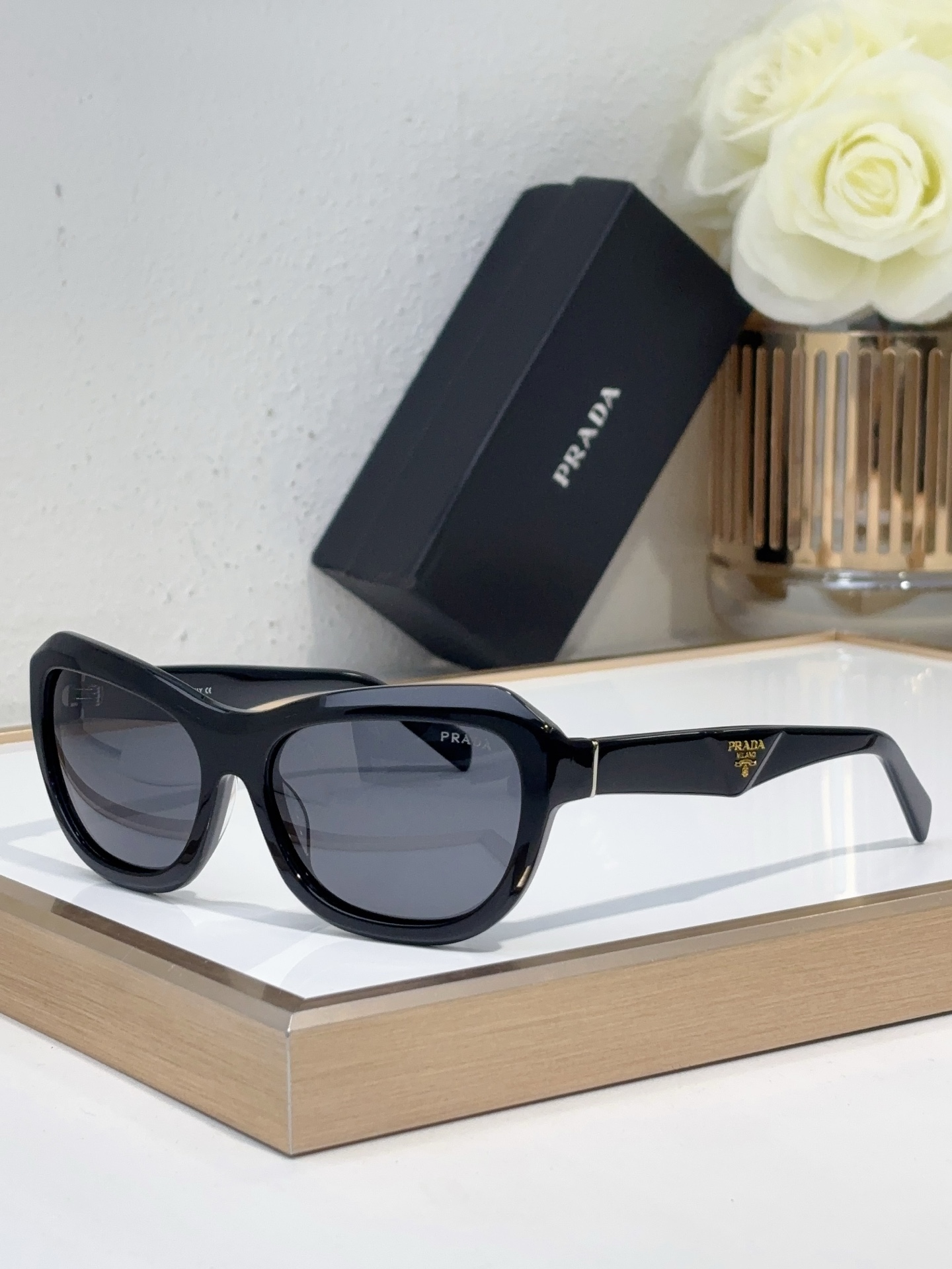 Prada Black Acetate Cat - Eye Sunglasses with Gold Accents (Model: PR10781S)