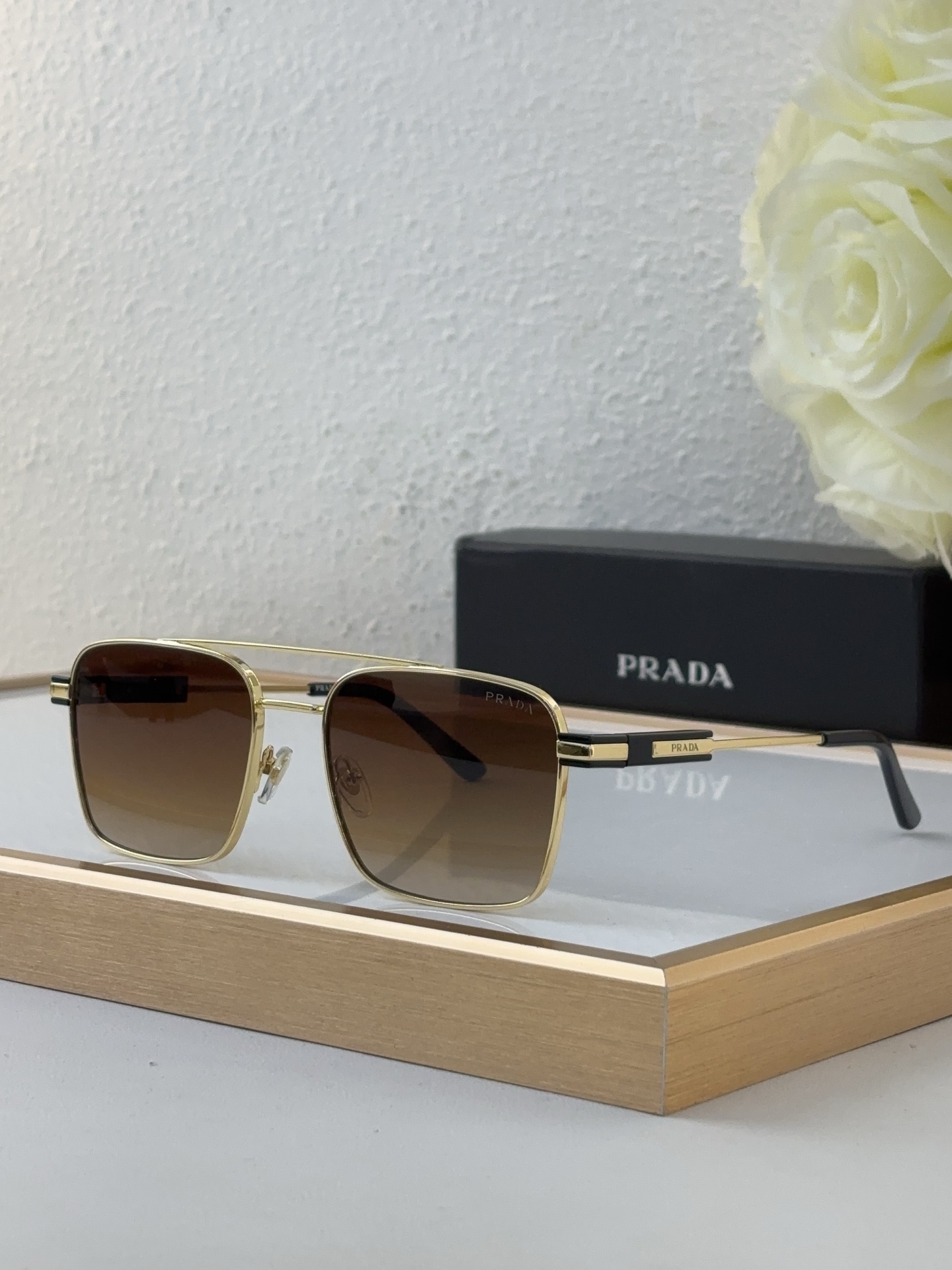 Prada Gold - Tone Metal Square Sunglasses with Black Acetate Accents (Model: PR10125S)