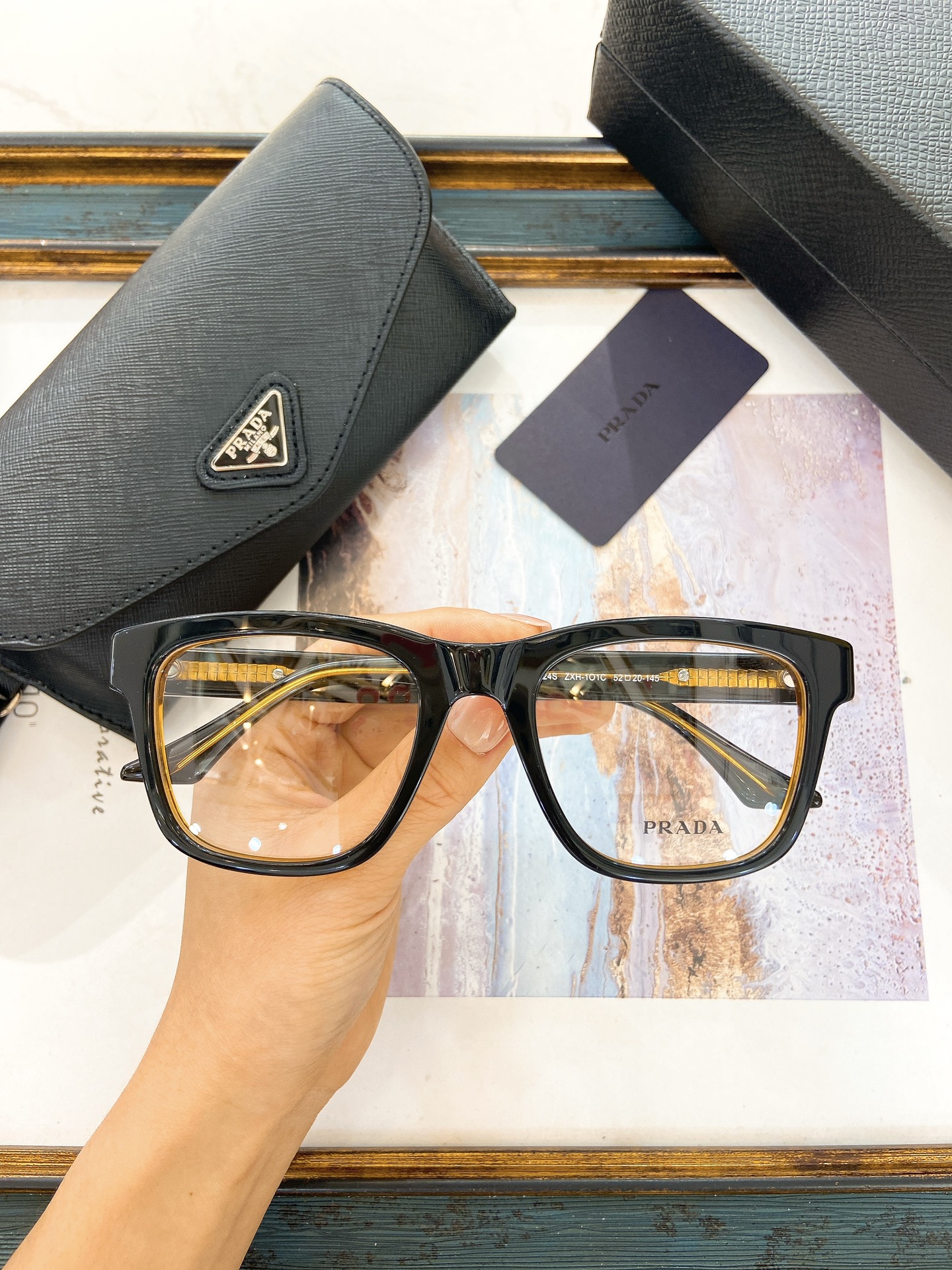 Prada Black Acetate Square Optical Glasses with Gold - Brown Accents (Model: PR9781O)