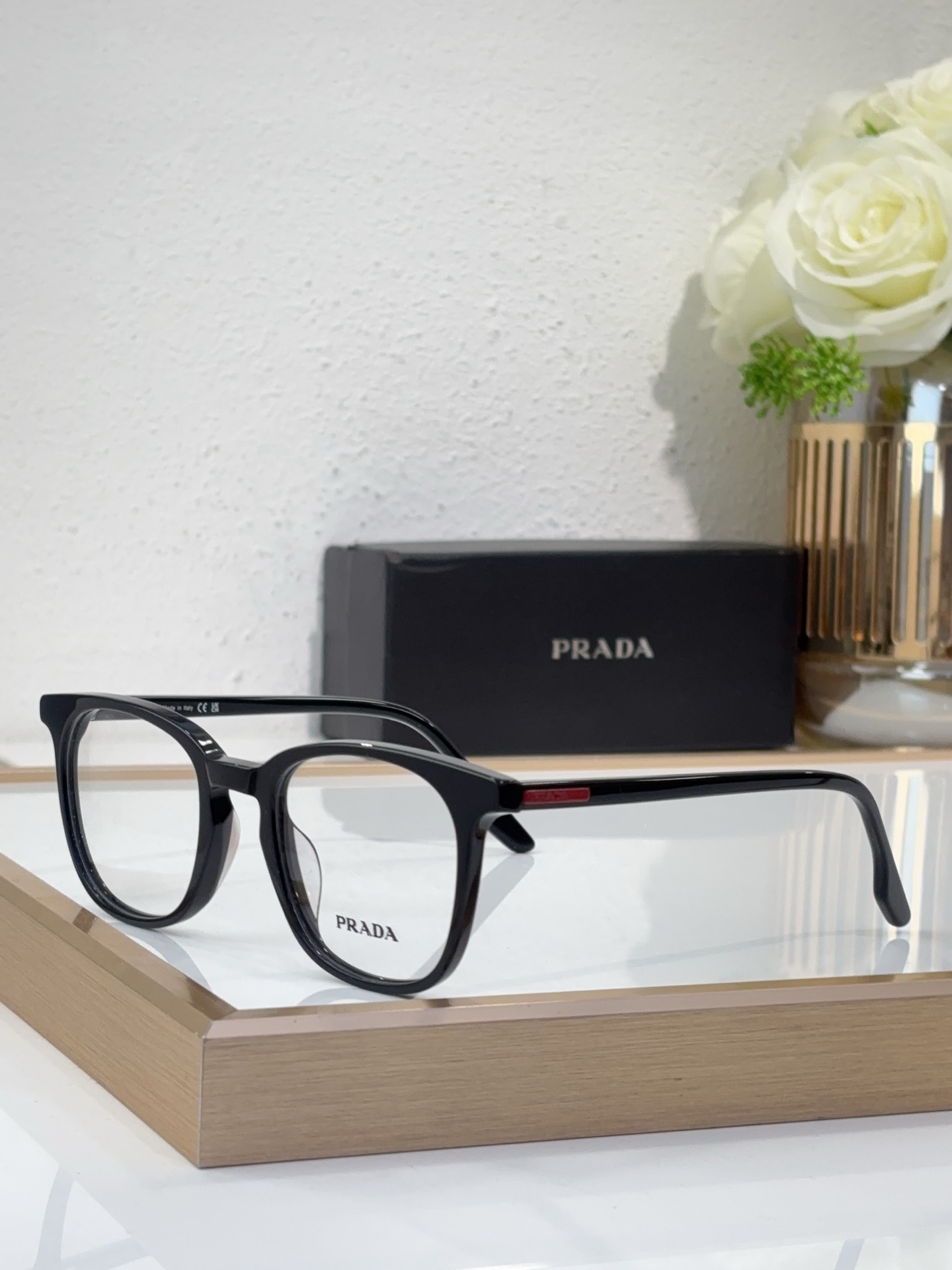 Prada Black Acetate Square Optical Glasses with Red Accents (Model: PR9569O)