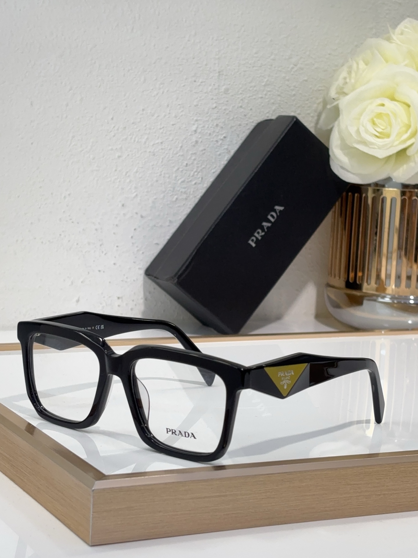 Prada Black Acetate Square Optical Glasses with Gold Triangle Accents (Model: PR9458O)