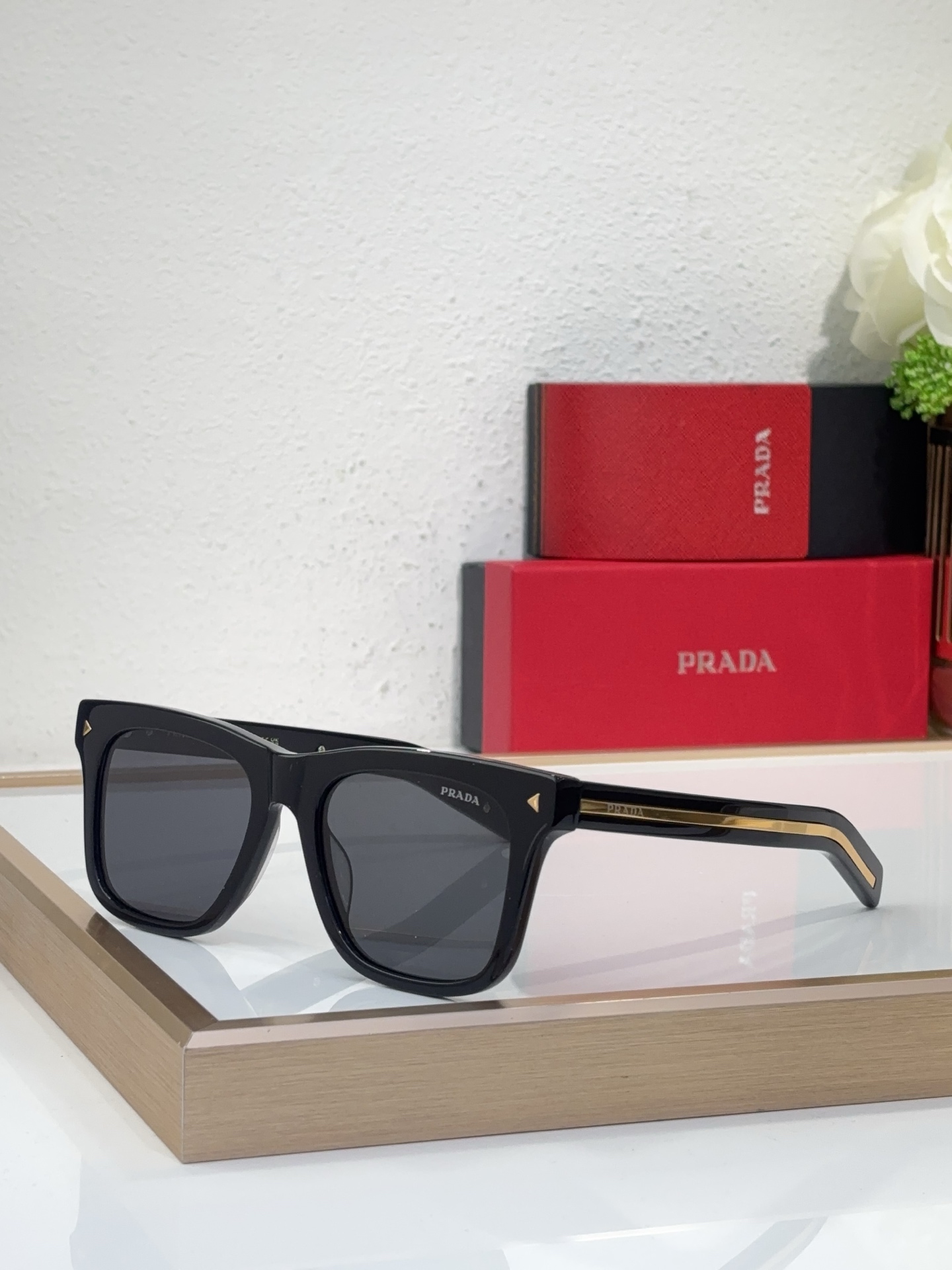 Prada Black Acetate Square Sunglasses with Gold Metal Accents (Model: PR8892S)