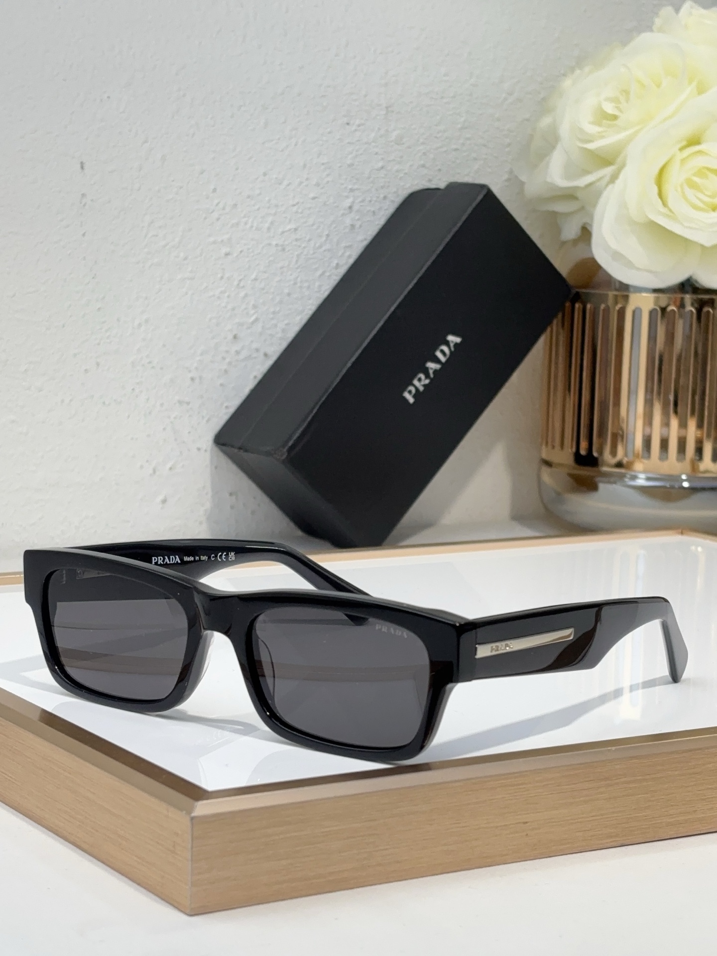 Prada Black Acetate Square Sunglasses with Blue Lenses (Model: PR8014S)
