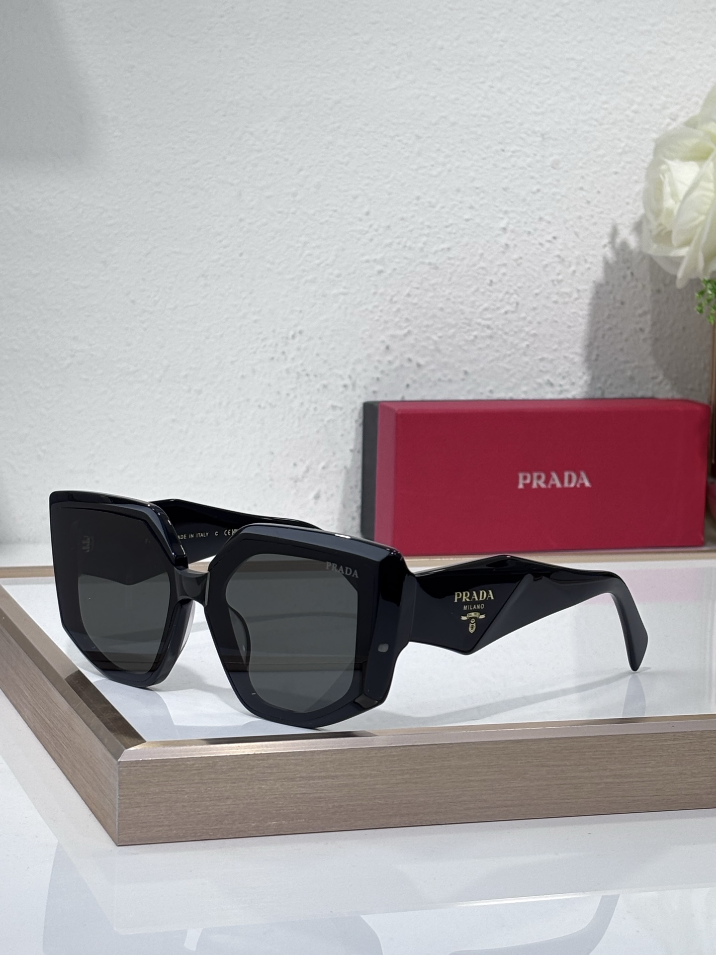 Prada Black Acetate Octagonal Sunglasses with Gold Branding (Model: PR7236S)