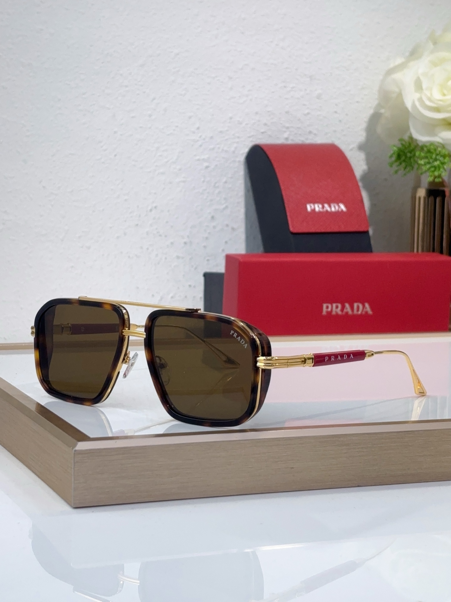 Prada Tortoiseshell Acetate & Gold - Tone Metal Double - Bridge Square Sunglasses (Model: PR7125S)