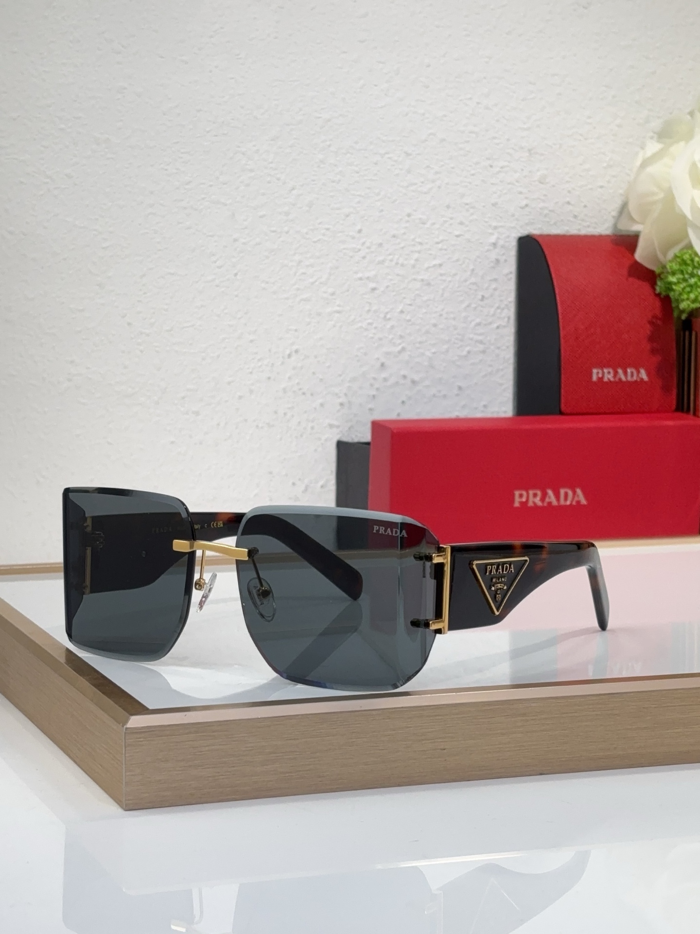 Prada Gold - Tone Metal & Tortoiseshell Acetate Rimless Square Sunglasses (Model: PR7014S)