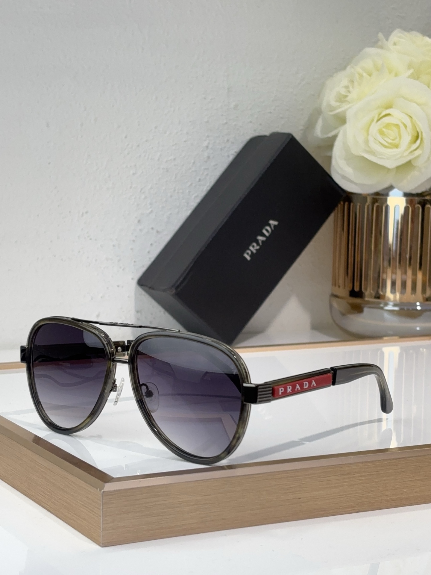 Prada Blue - Marbled Acetate & Silver - Tone Metal Aviator Sunglasses with Red Branding (Model: PR6892S)