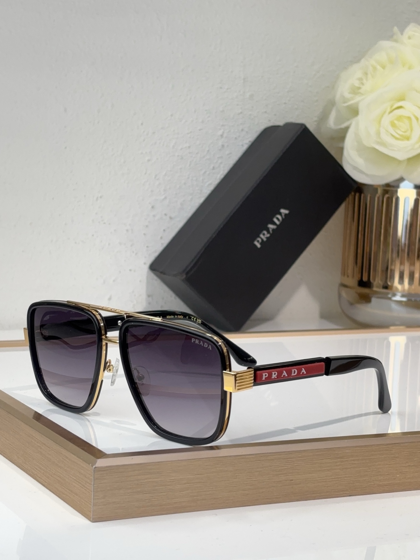 Prada Black Acetate & Gold - Tone Metal Square Sunglasses with Red Branding (Model: PR6781S)